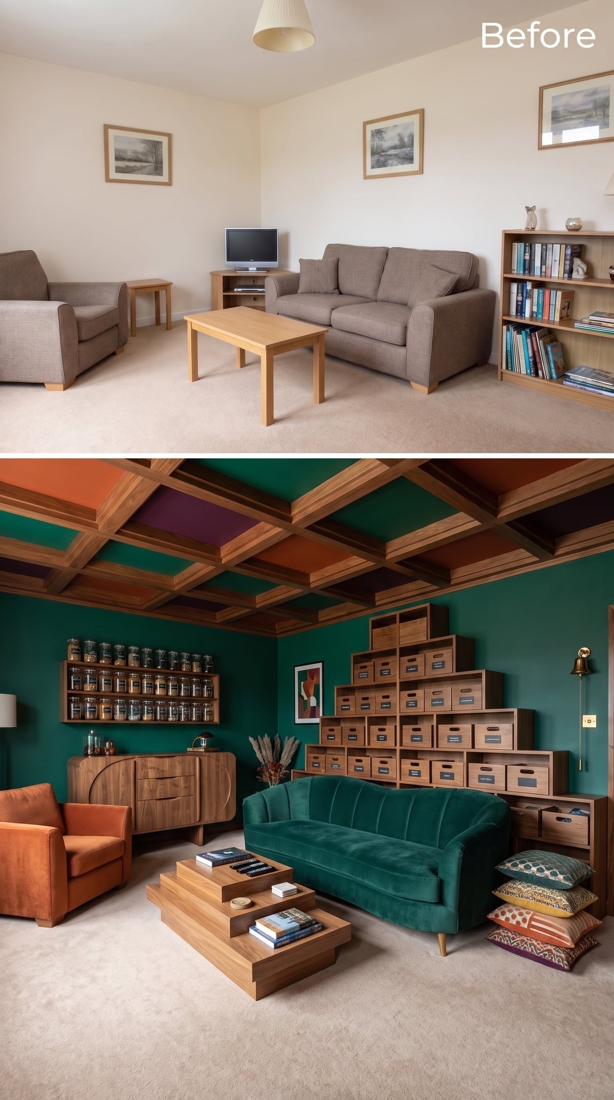 Coffered Ceiling in Walnut and Burnt Orange, Plus Storage That Stacks Like Architecture