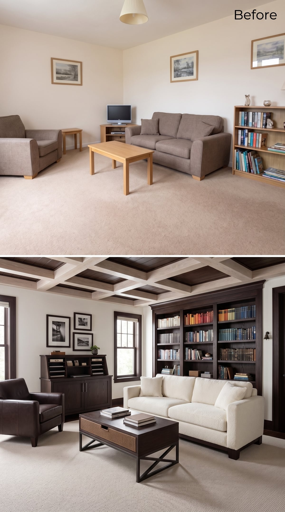 Coffered Ceilings and Built-Ins Turn a Flat Room Into a Proper Library