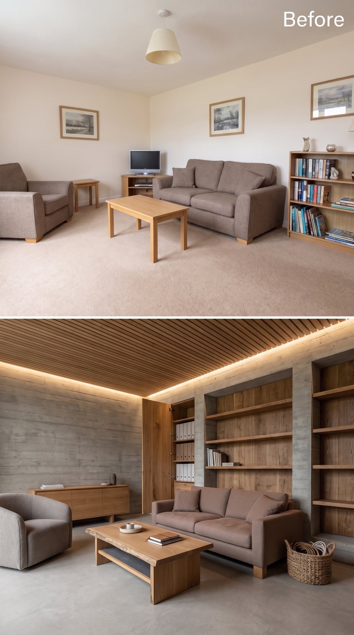 Concrete Walls, Slatted Oak Ceiling, and Cove Lighting That Does the Heavy Lifting