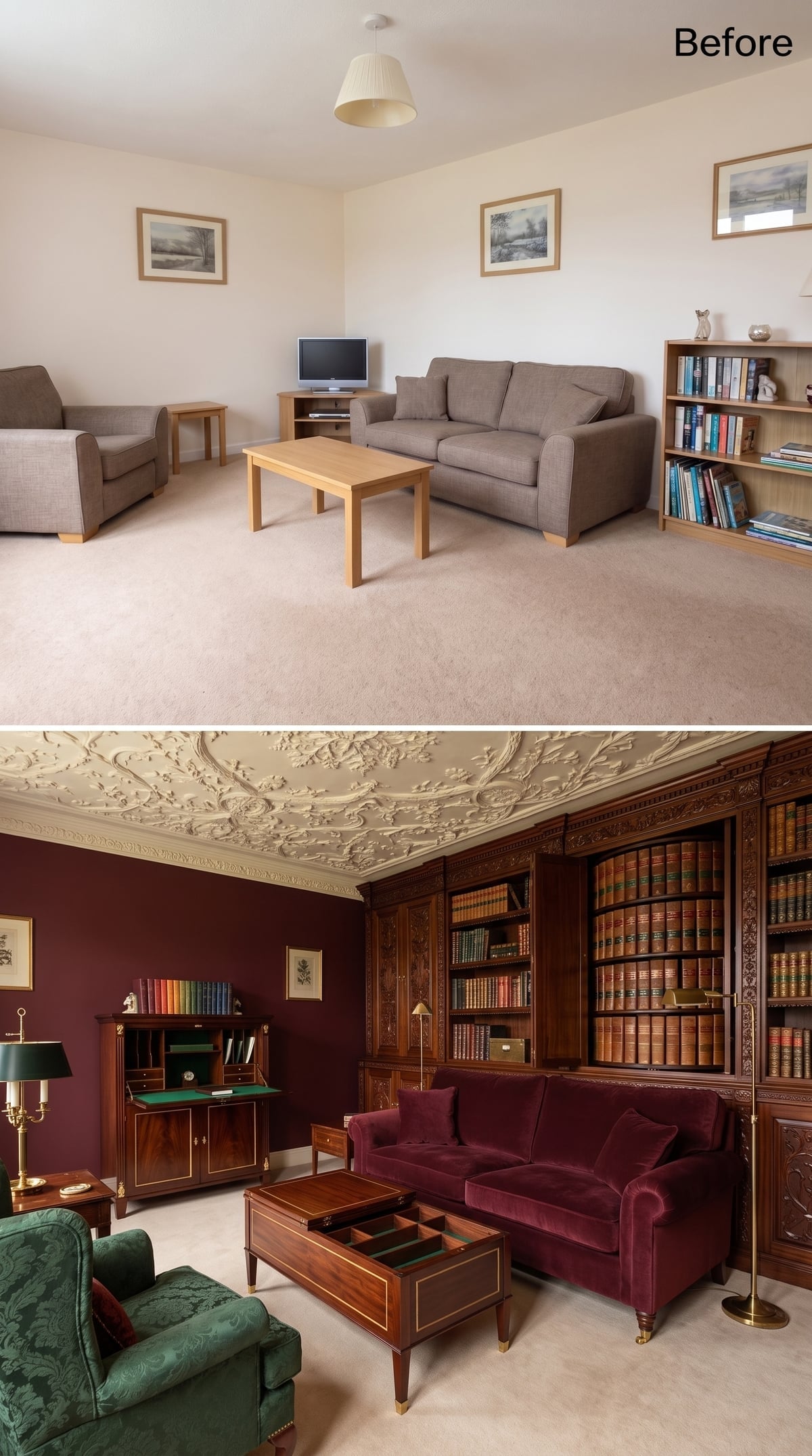 Crimson Walls, Carved Mahogany, and Leather-Bound Books Pull Off Something Rare