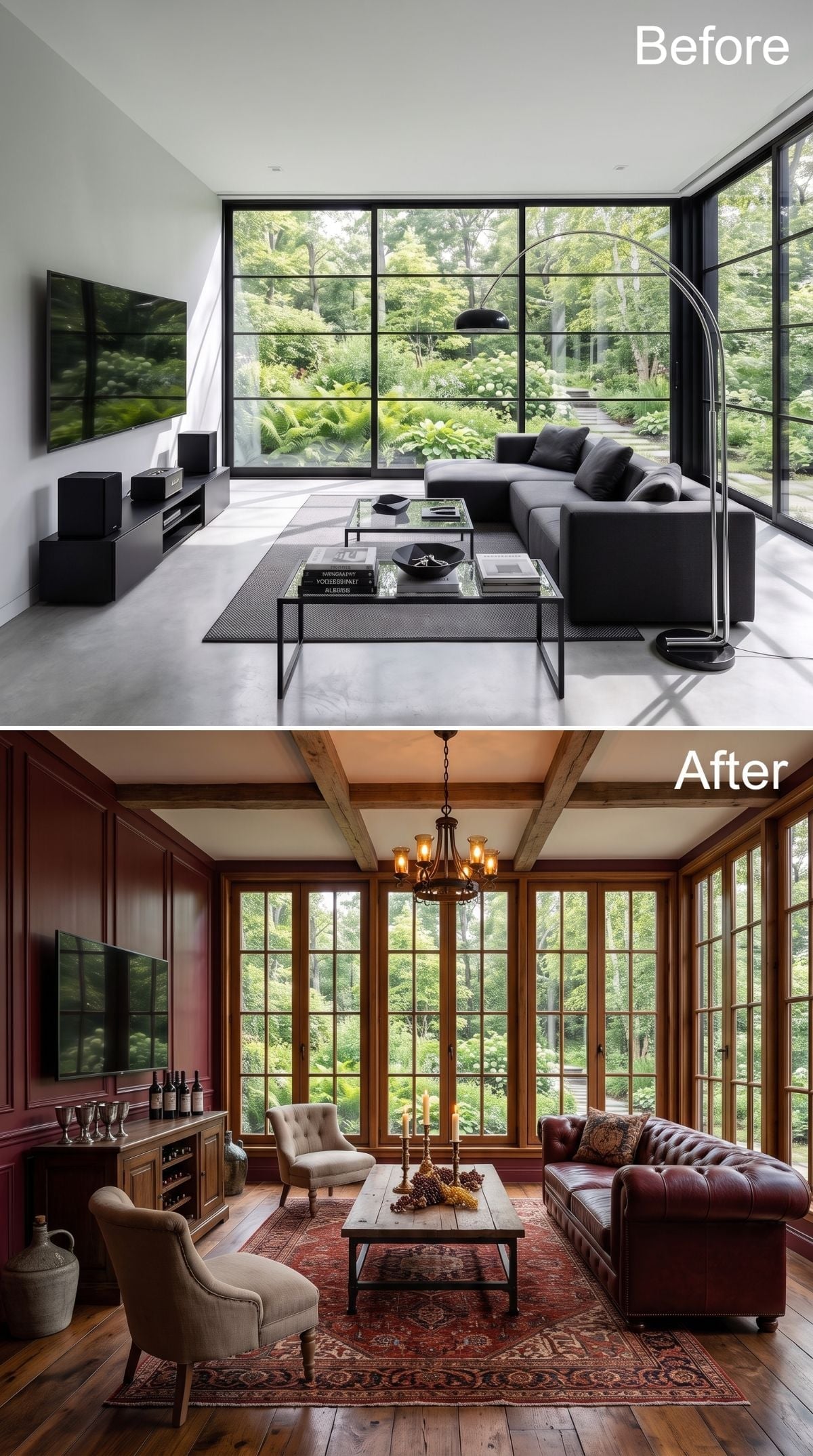 Dark Minimalism Traded for Burgundy Paneling, Tufted Leather, and Candlelight