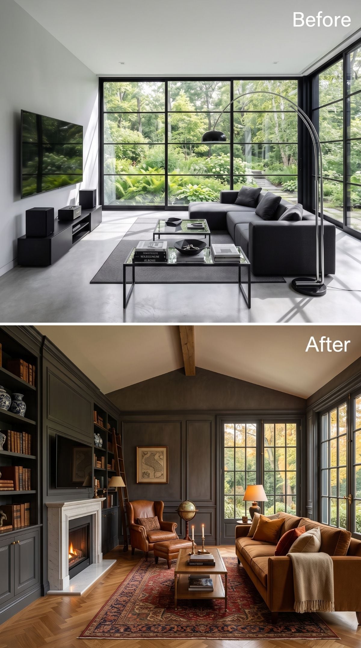 Dark Paneling, Leather Chairs, and a Marble Fireplace Replaced Cold Glass and Gray