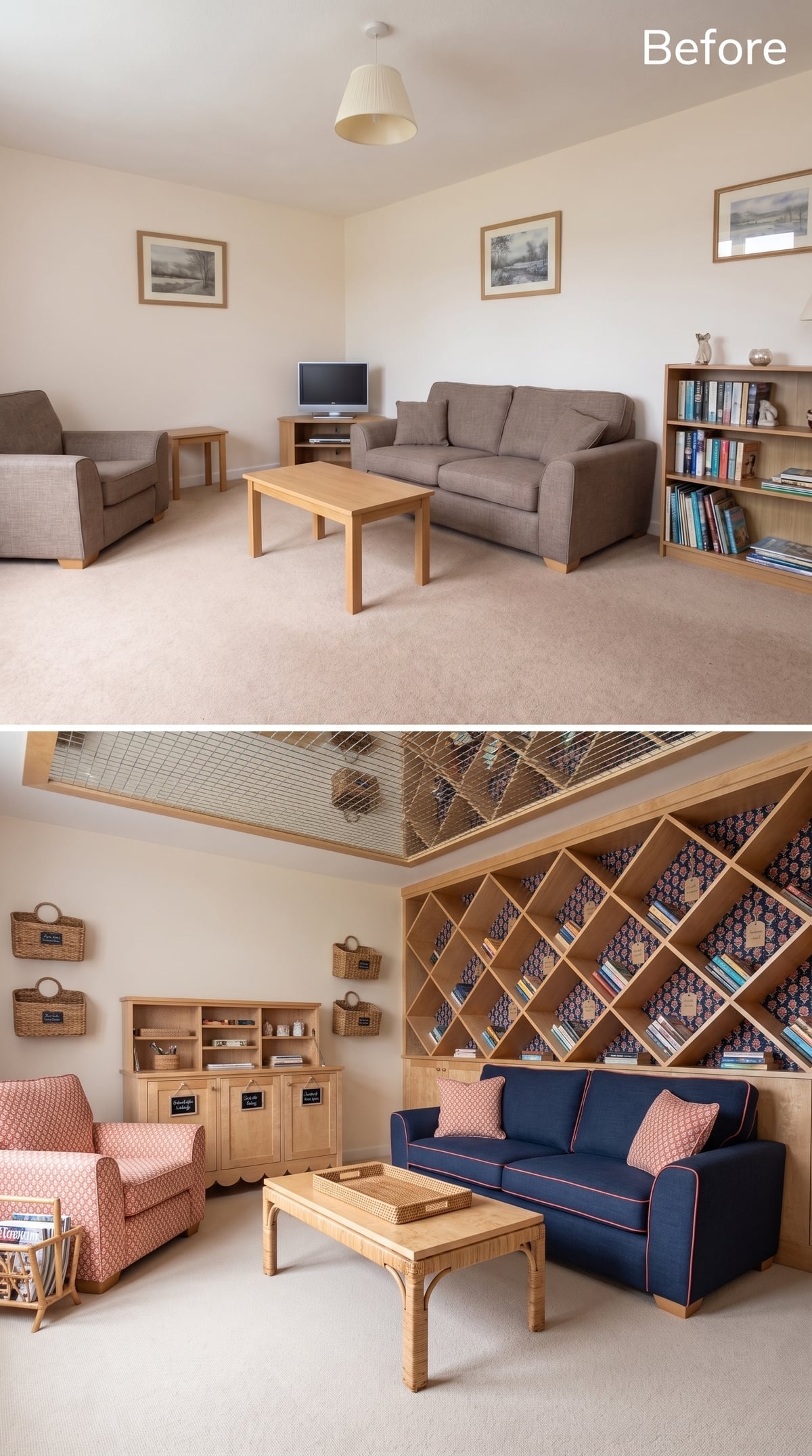 Diamond-Grid Shelving and Navy Upholstery Give a Plain Room Real Personality