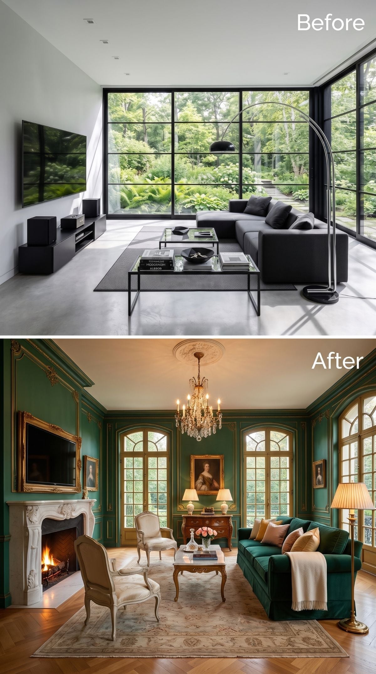 Emerald Paneling and a Crystal Chandelier Moved In Where Concrete and Black Steel Once Lived