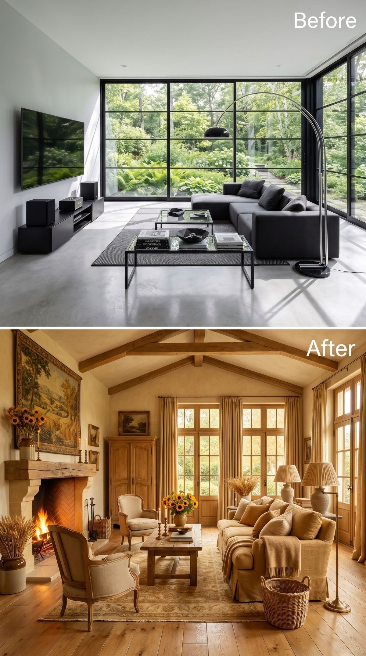 Exposed Oak Beams and a Stone Fireplace Buried the Sectional and Steel for Good