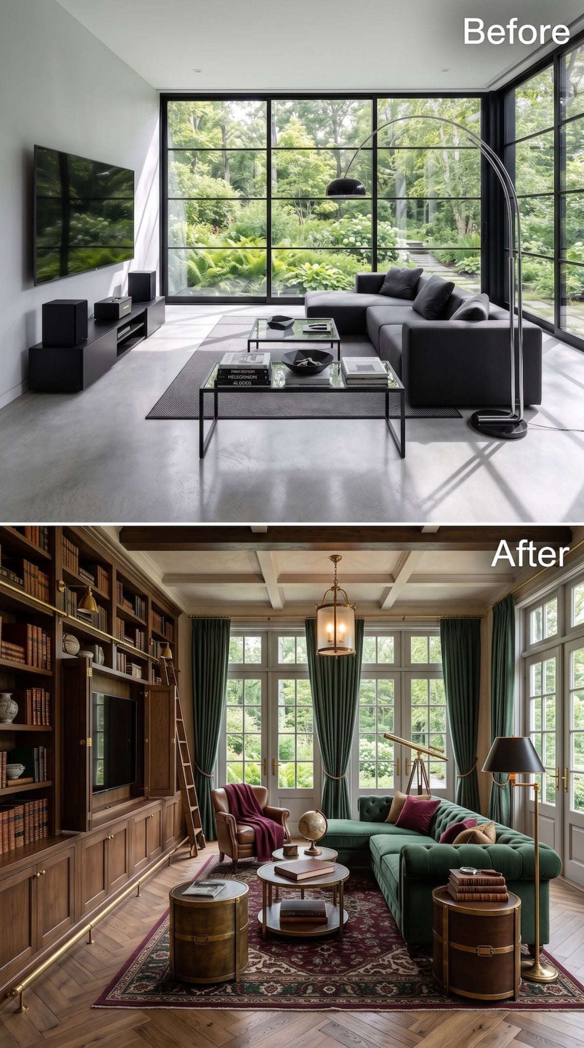 Floor-to-Ceiling Glass and Poured Concrete Swapped for Velvet, Brass, and Bound Leather