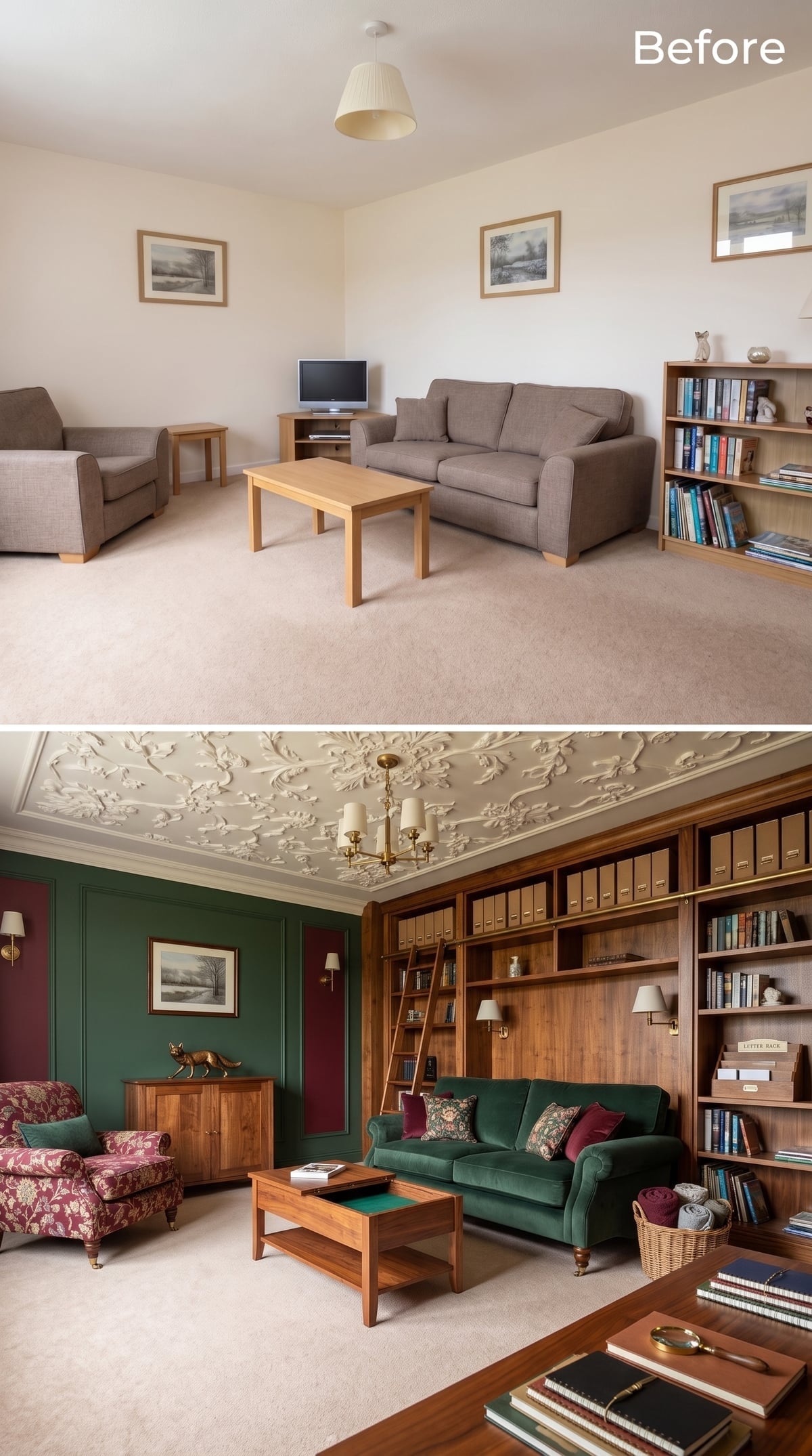 Forest Green Velvet, Ornate Plasterwork, and a Library Wall That Fills an Entire Room