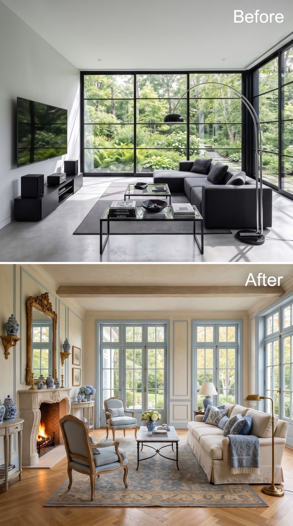Gilded Mirror, Blue Ginger Jars, and a Lit Fireplace Replaced Black Steel and Concrete