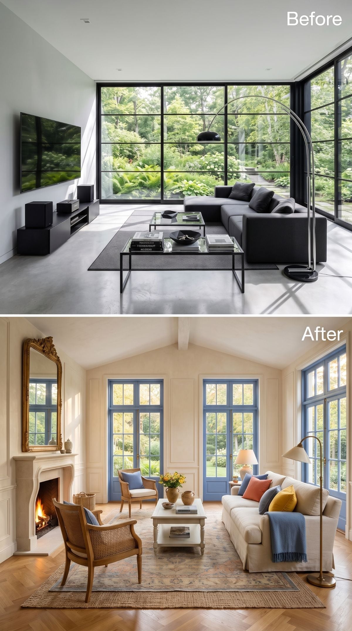 Gilded Mirror, Blue Windows, and a Lit Fireplace Buried Every Trace of Black Steel