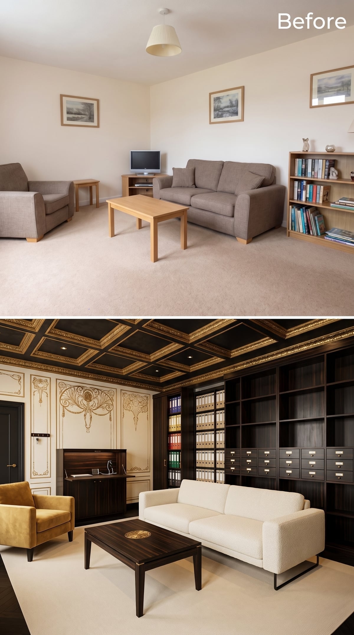 Gold Molding, Art Nouveau Wall Panels, and a Card Catalog Wall That Means Business