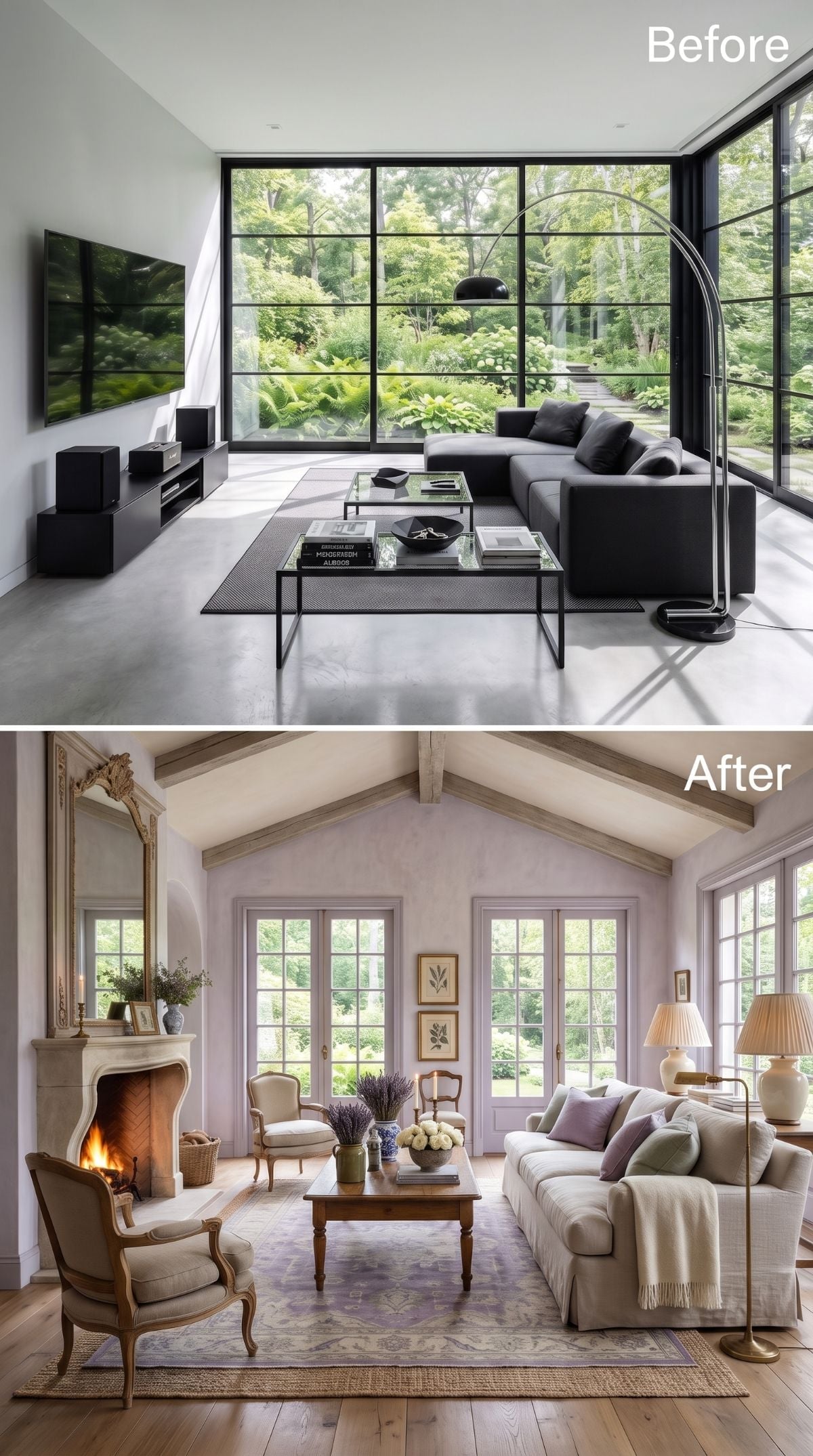 Lavender Trim and Vaulted Beams Took Over Where Black Steel and Concrete Left Off