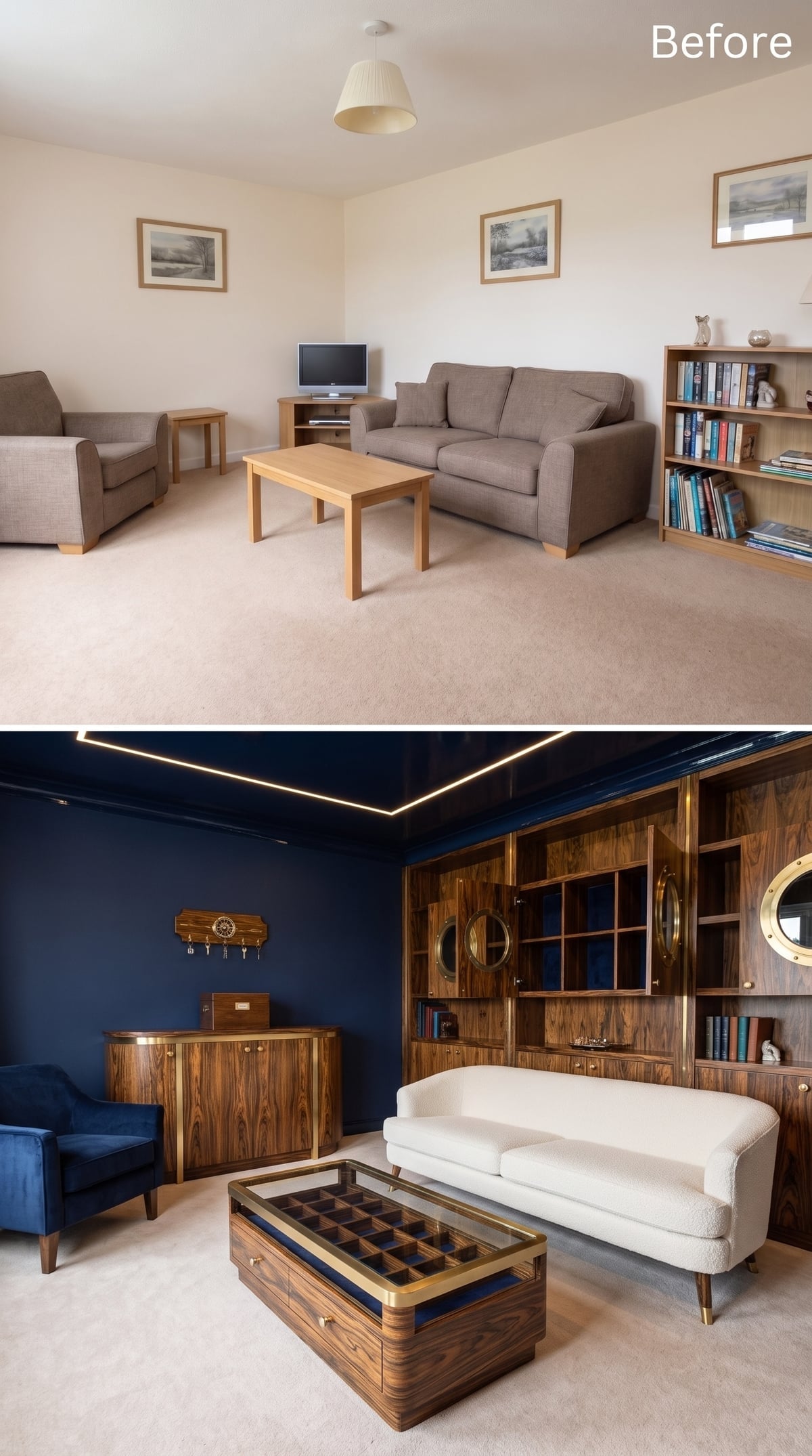 Navy Lacquer Ceiling, Porthole Accents, and Macassar Ebony Storage That Commands the Room