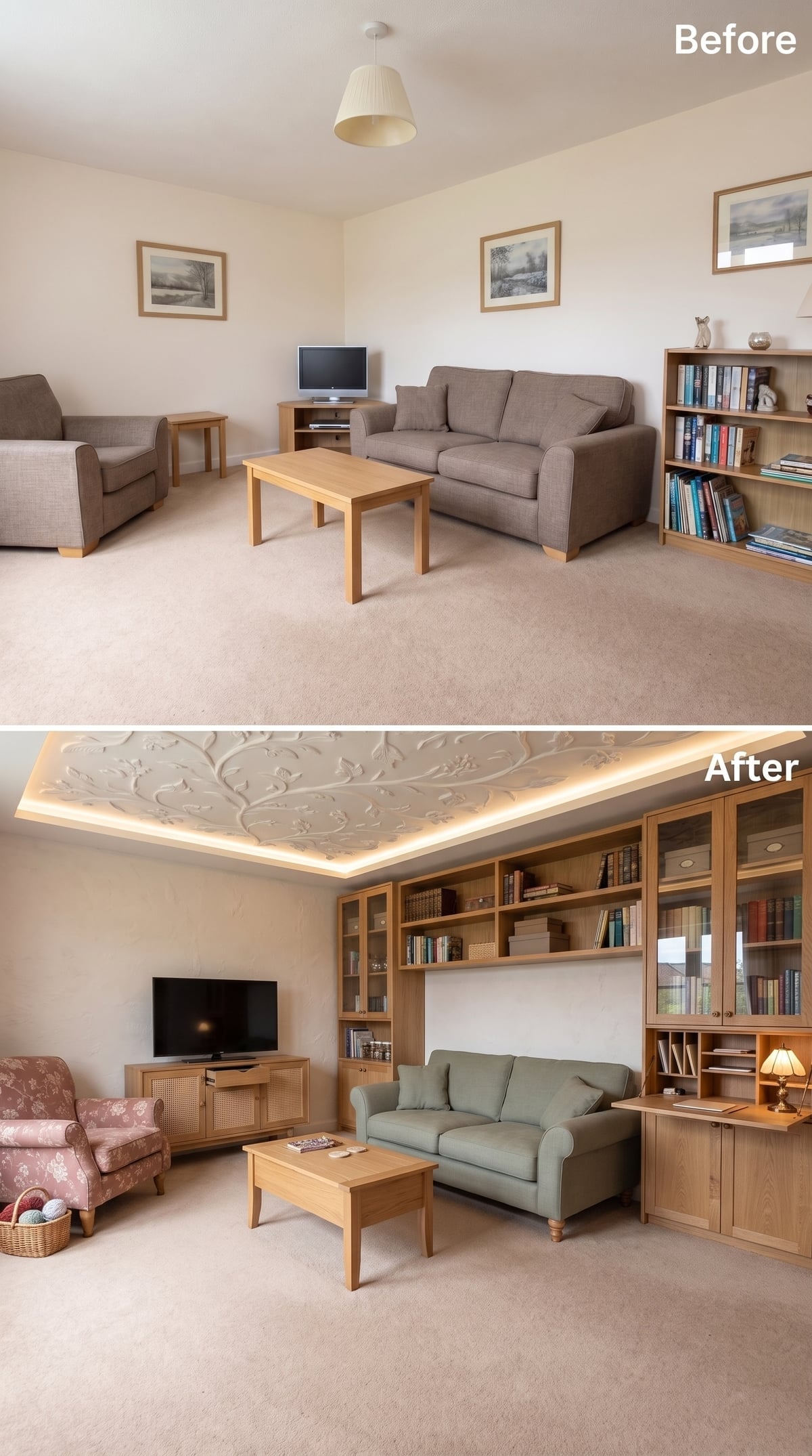 Oak Built-Ins, a Floral Plaster Ceiling, and Cane-Front Media Storage That Pulls Together