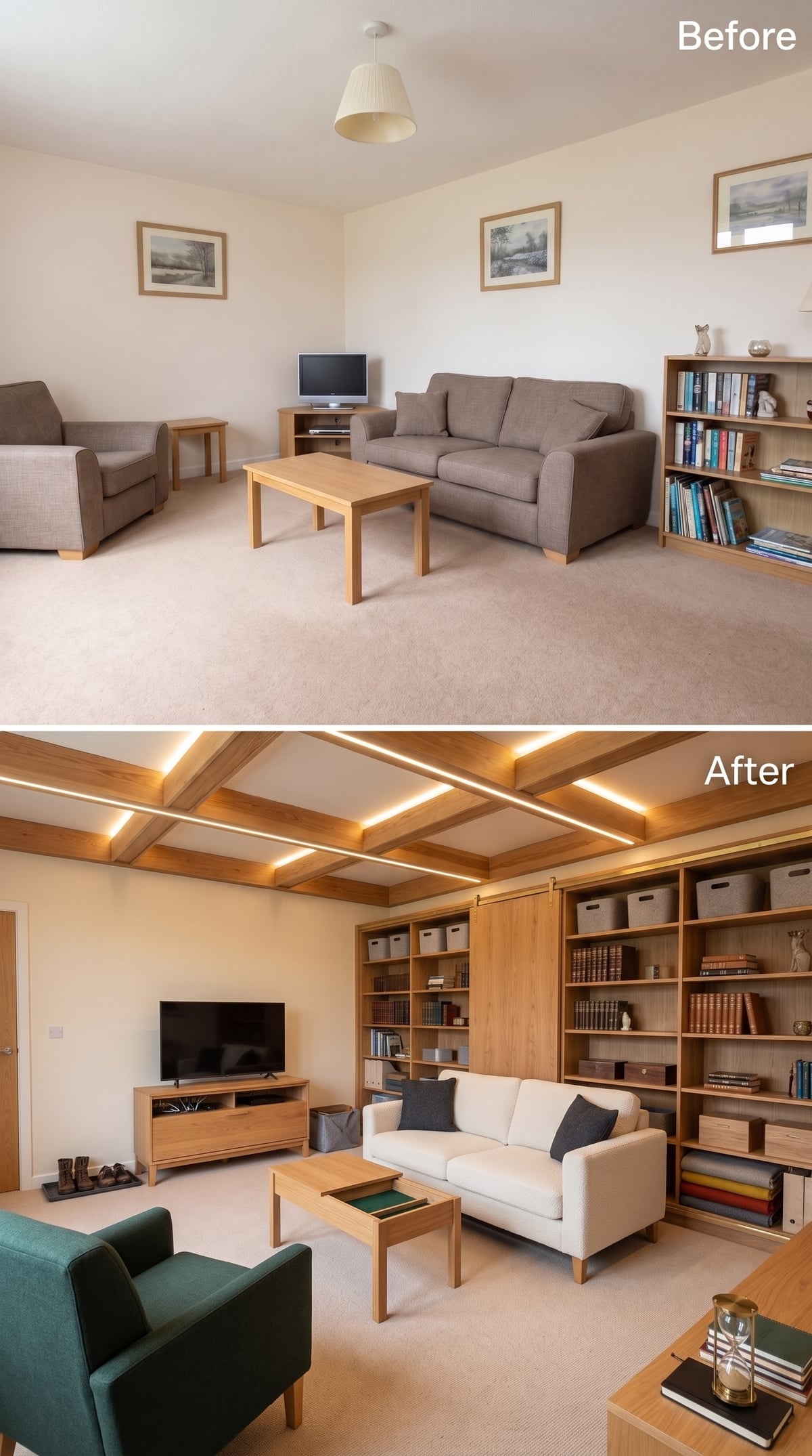 Oak Ceiling Beams, LED Inlays, and Built-In Shelving That Takes Over the Room