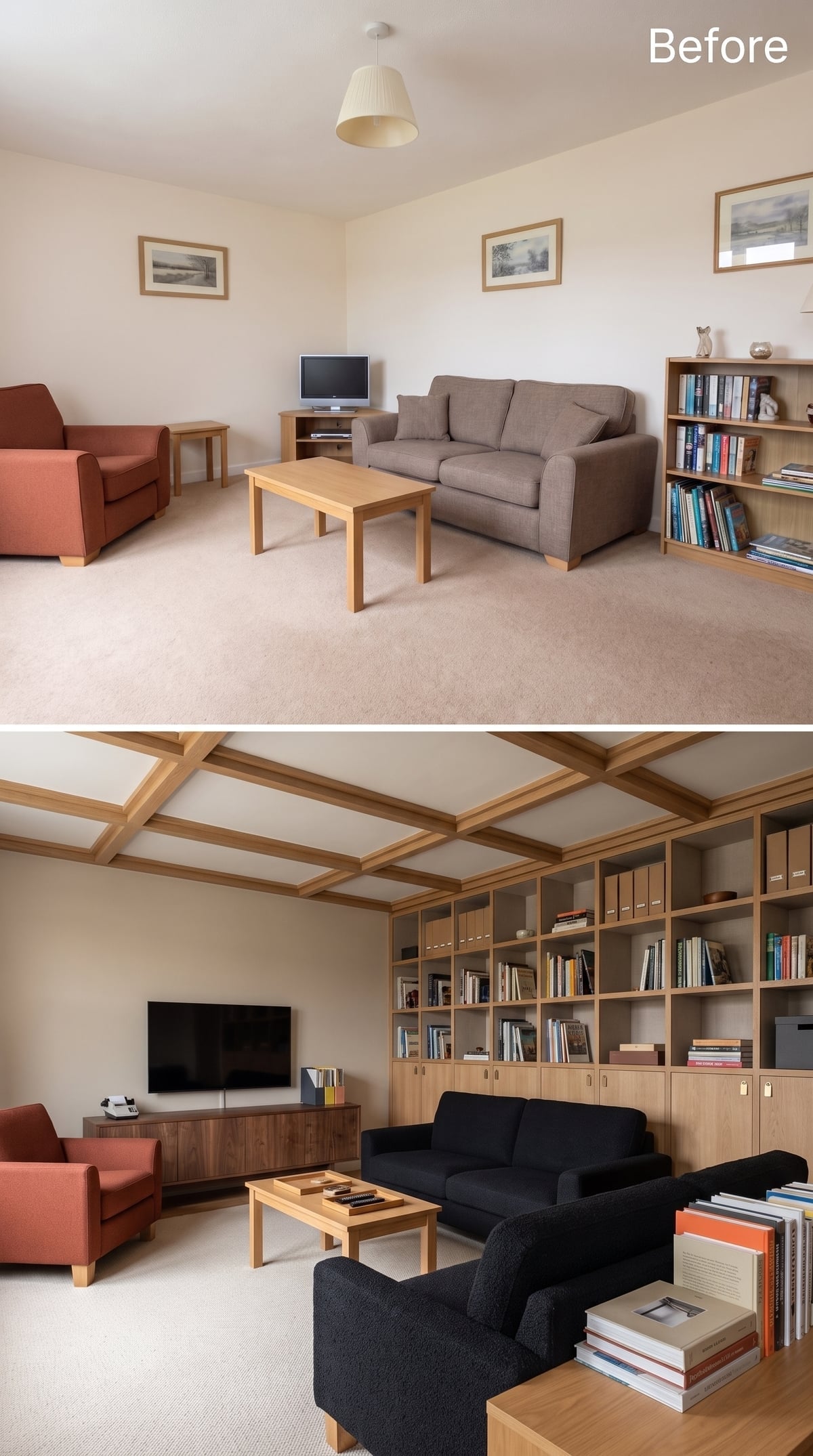 Oak Ceiling Grid, Floor-to-Ceiling Shelving, and a TV Wall That Finally Earns Its Place