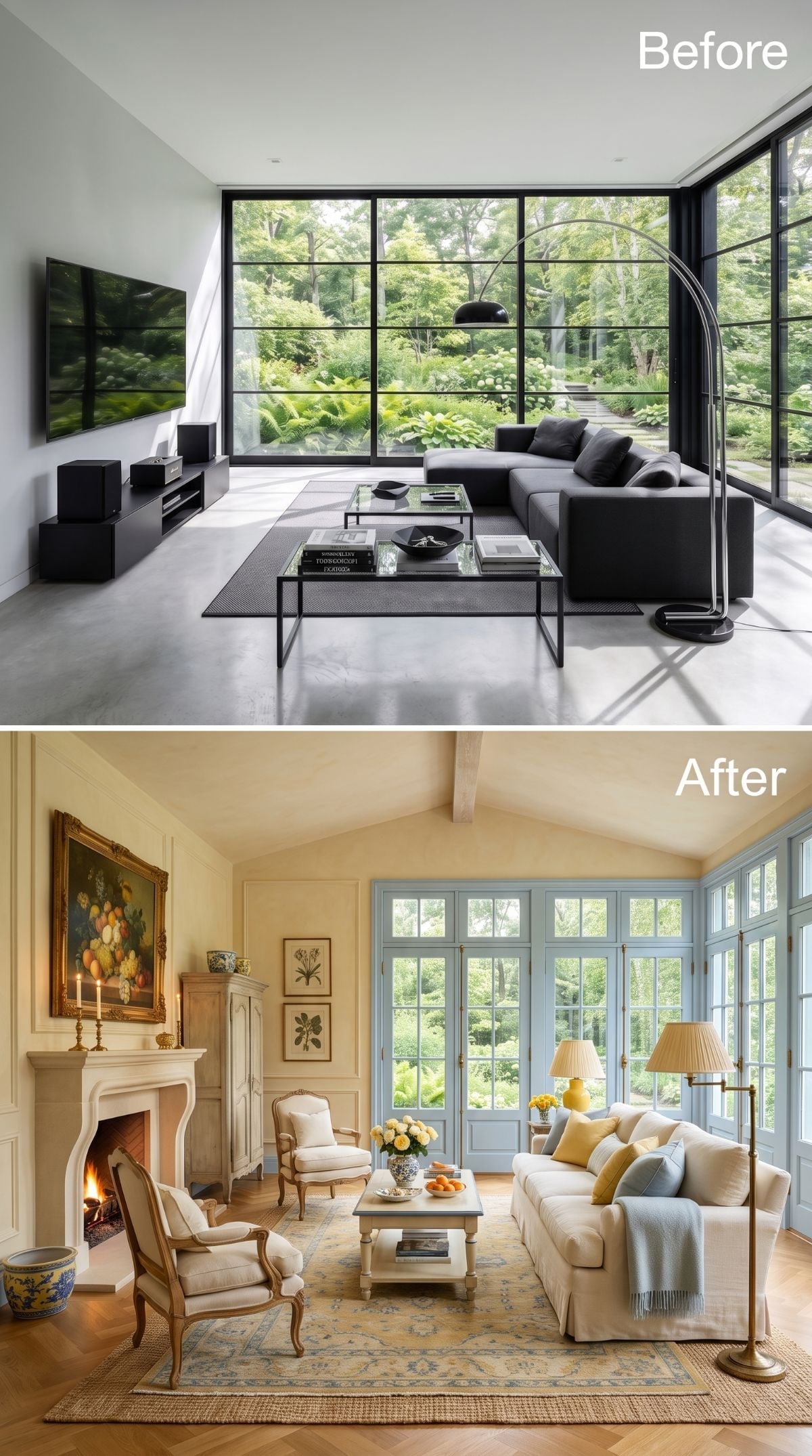 Pale Yellow Walls and a Lit Fireplace Replaced Raw Concrete and Black Steel