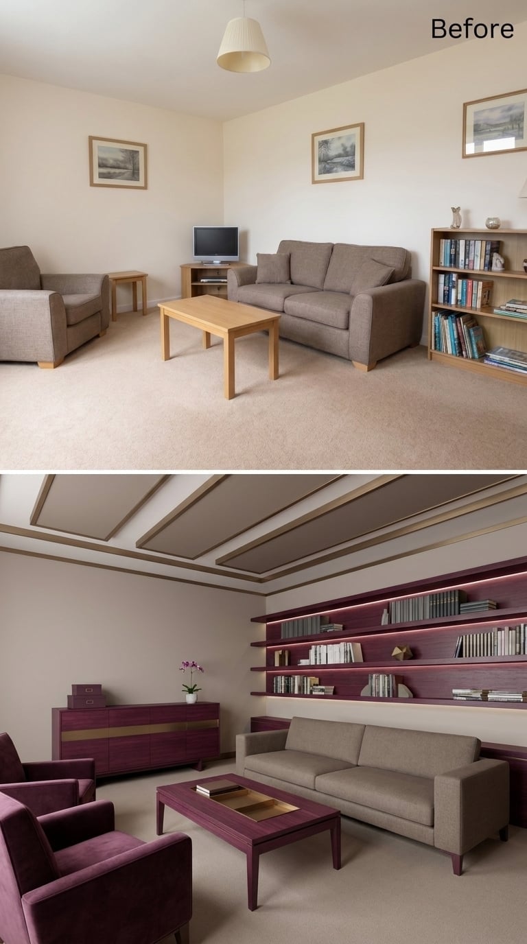 Plum Velvet, Geometric Ceiling Beams, and Shelving That Covers an Entire Wall
