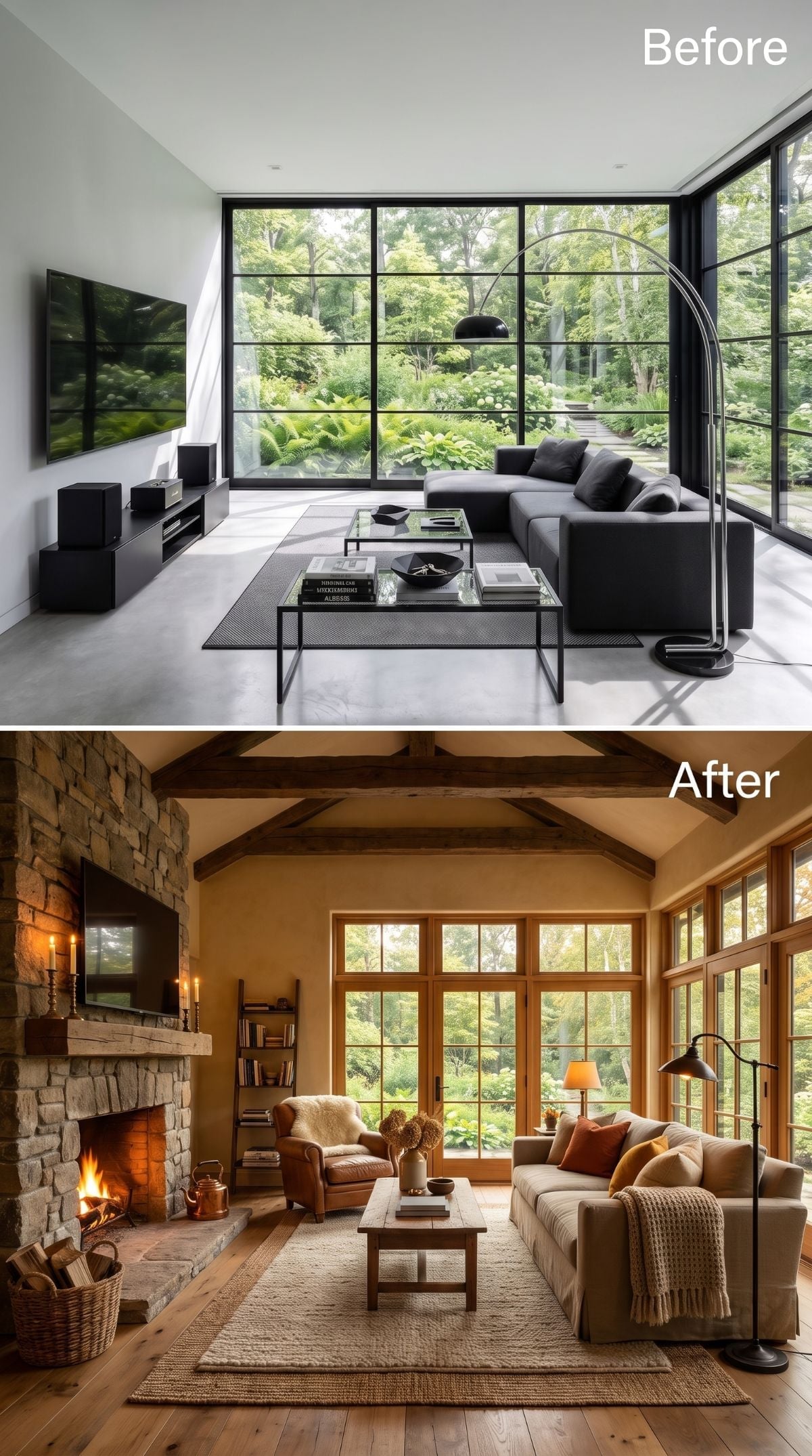 Rough Stone, Timber Beams, and a Real Fire Replaced Concrete and Cold Glass