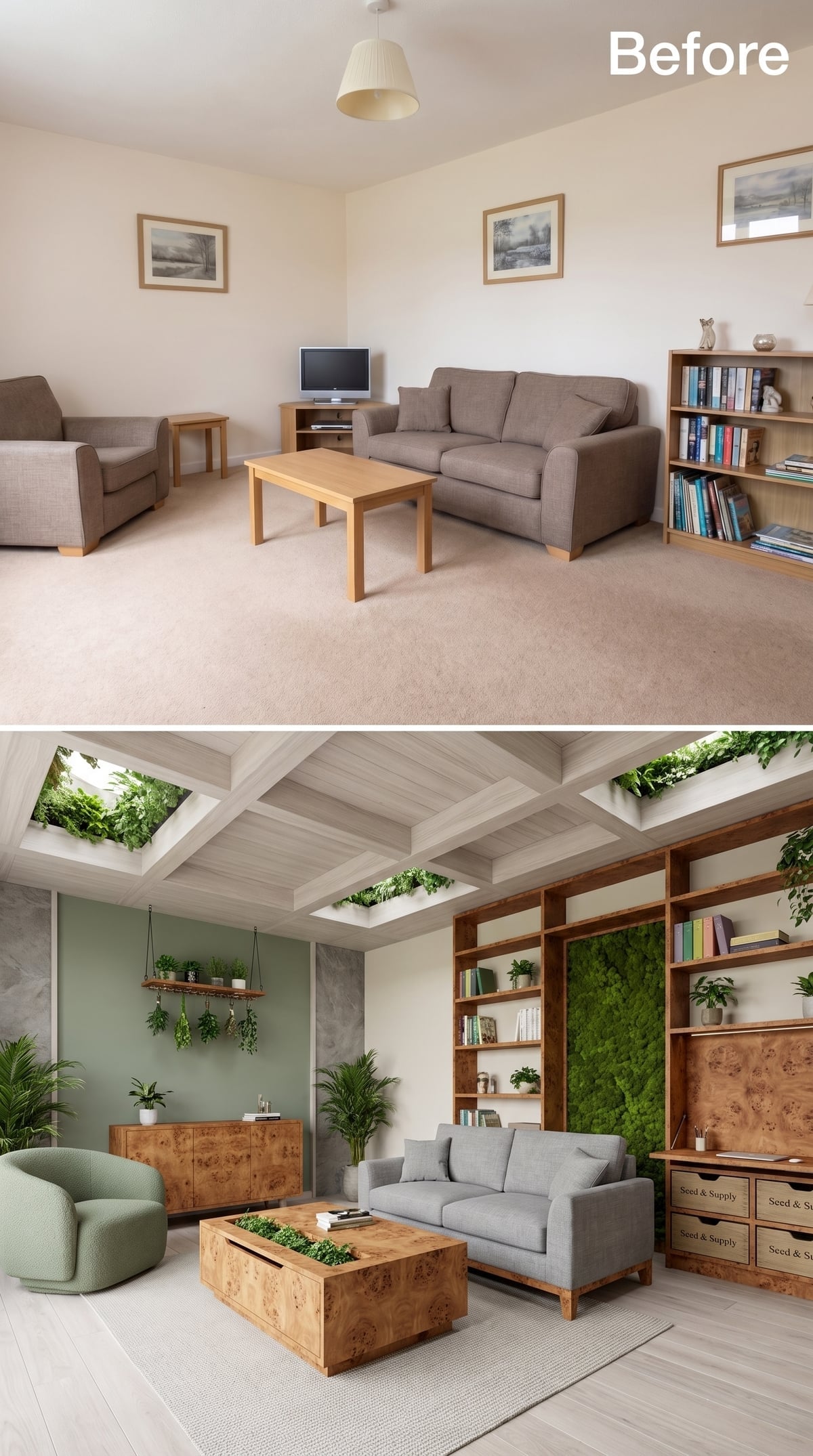 Skylights Planted With Greenery, Moss Walls, and Burl Wood That Does Three Jobs
