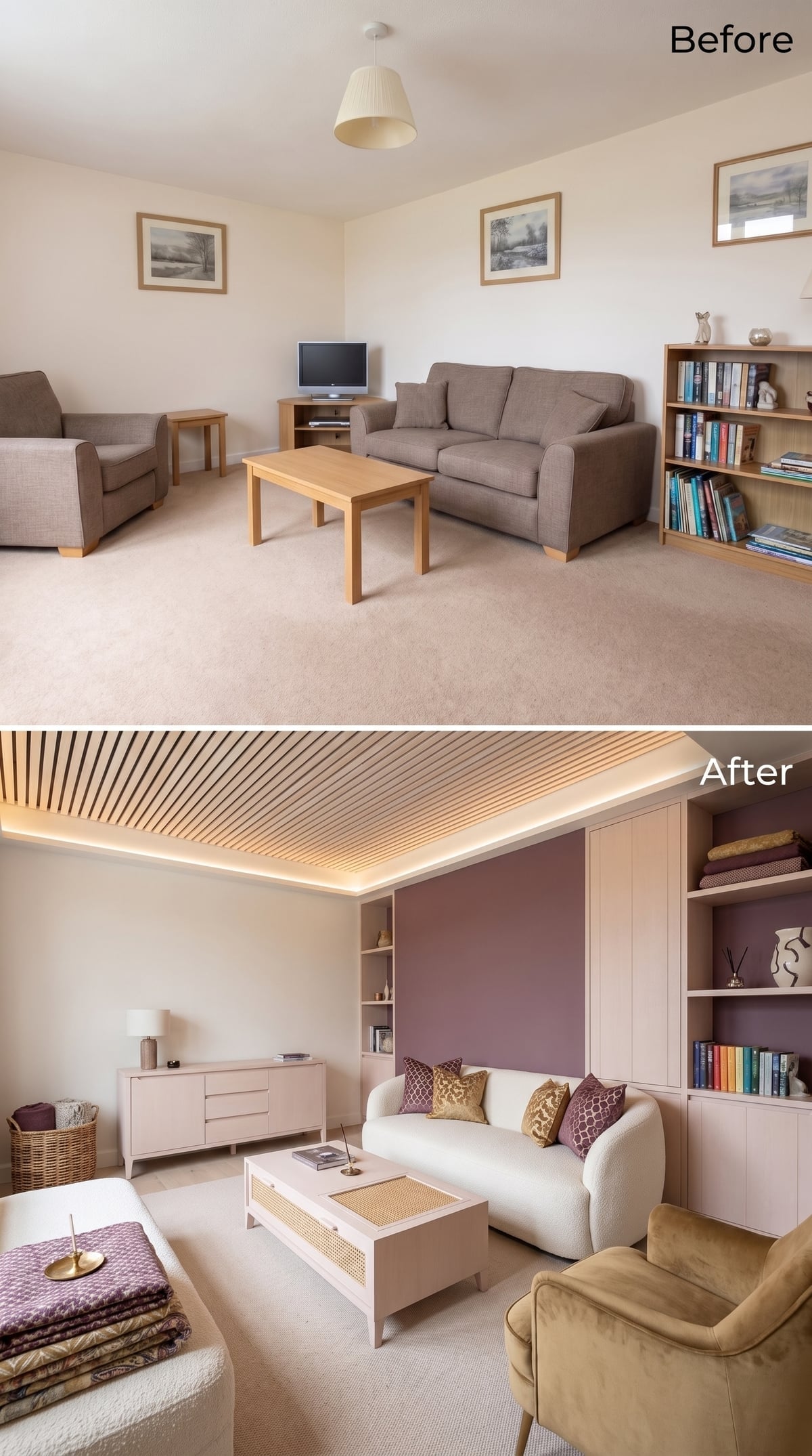 Slatted Ceiling, Dusty Rose Built-Ins, and a Mauve Accent Wall That Actually Commits