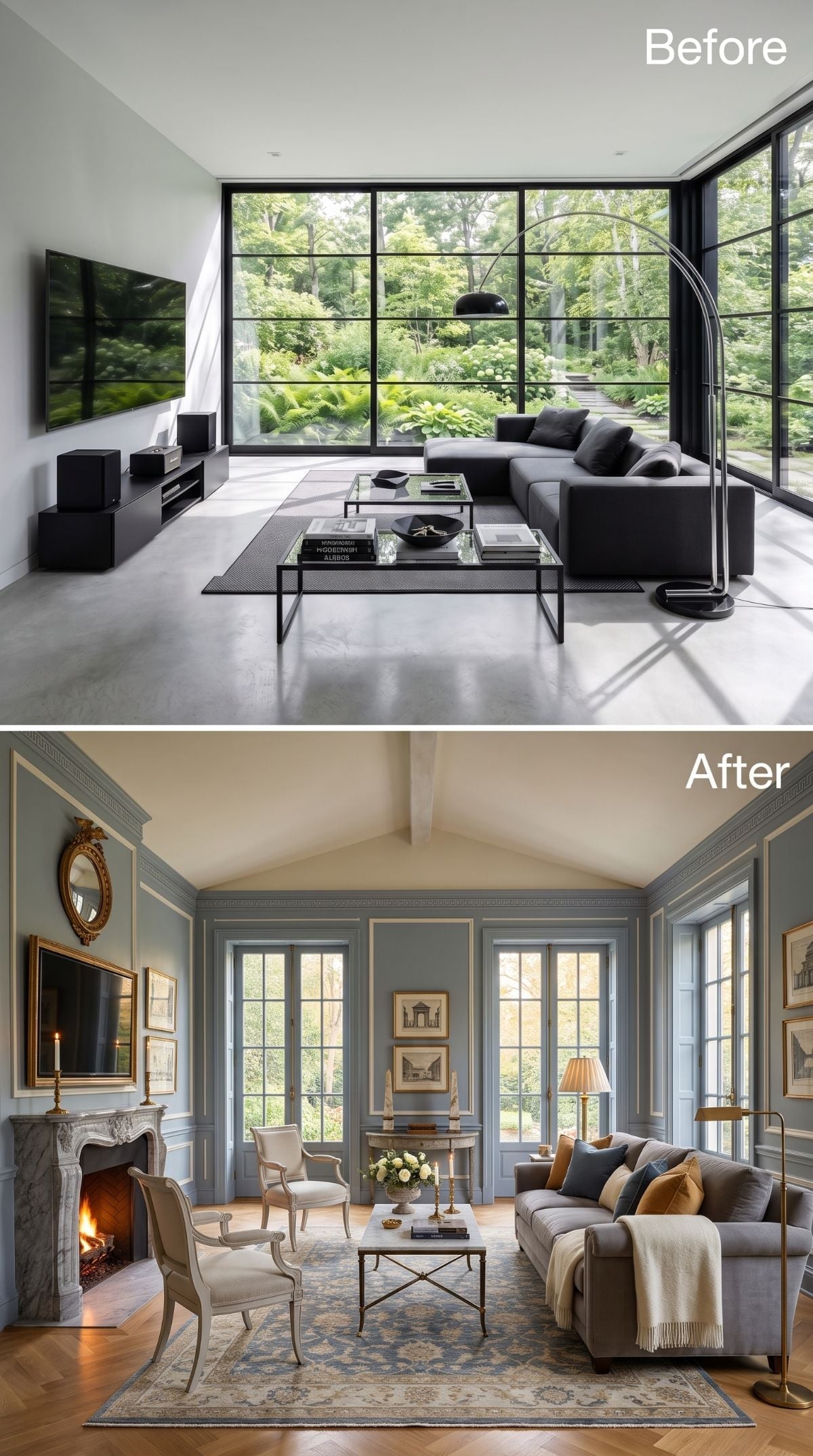 Steel and Concrete Walked Out; Dusty Blue Paneling and a Marble Fireplace Moved In