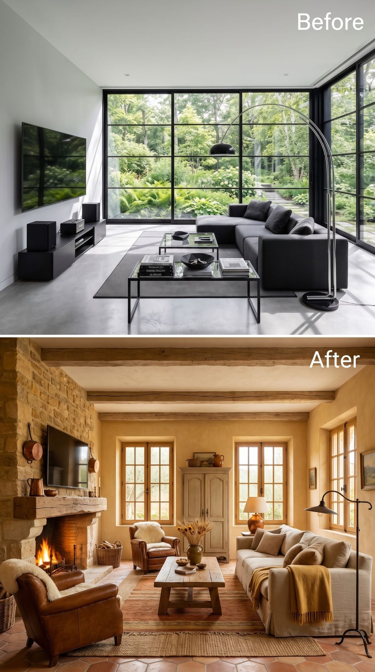 Stone Fireplace and Terracotta Tile Claimed the Space That Black Steel Once Owned