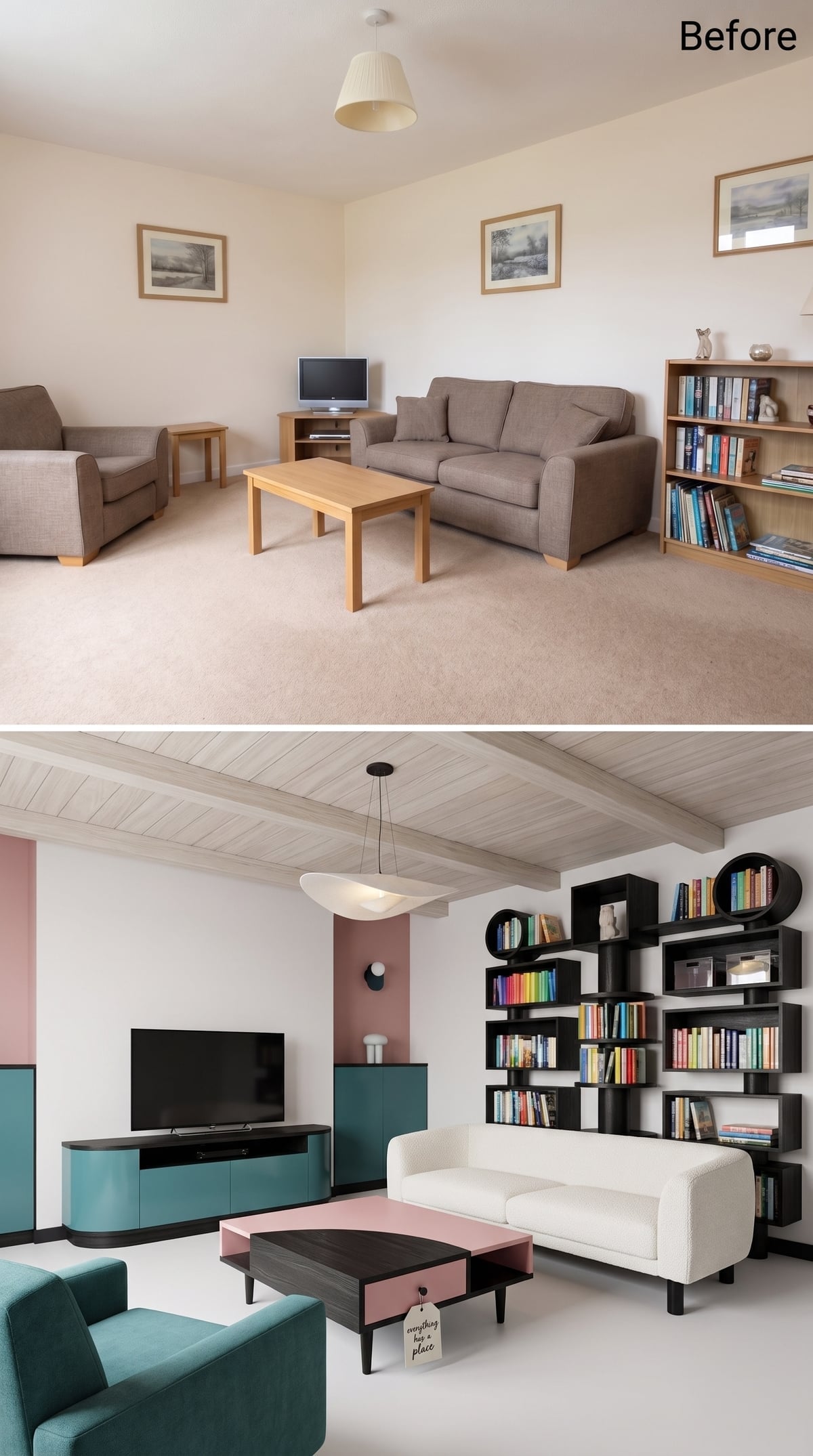 Teal Cabinetry, a Pink Coffee Table, and Shelving That Means Business