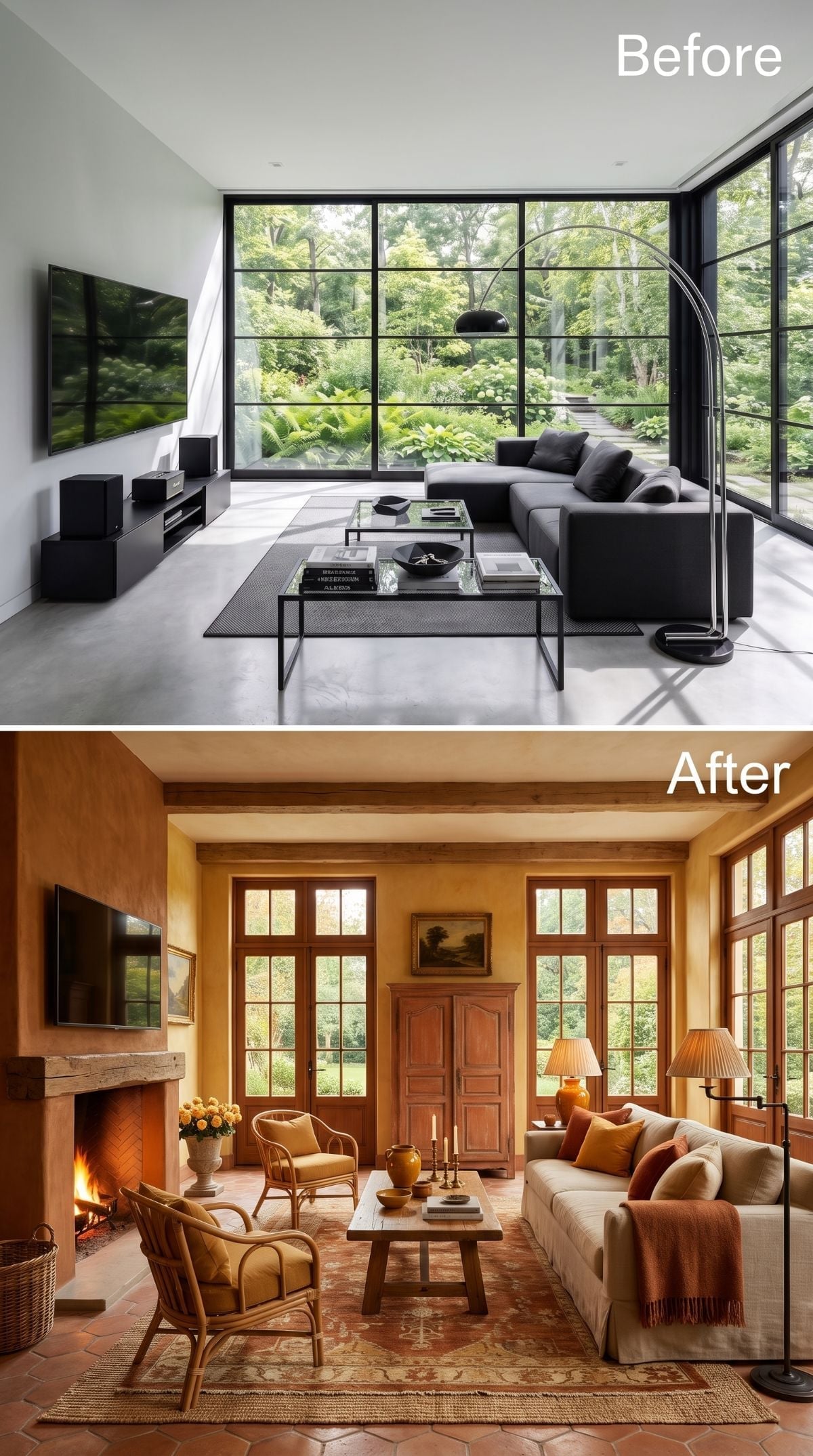 Terracotta Tile and a Lit Fireplace Claimed Every Inch That Gray Concrete Left Behind