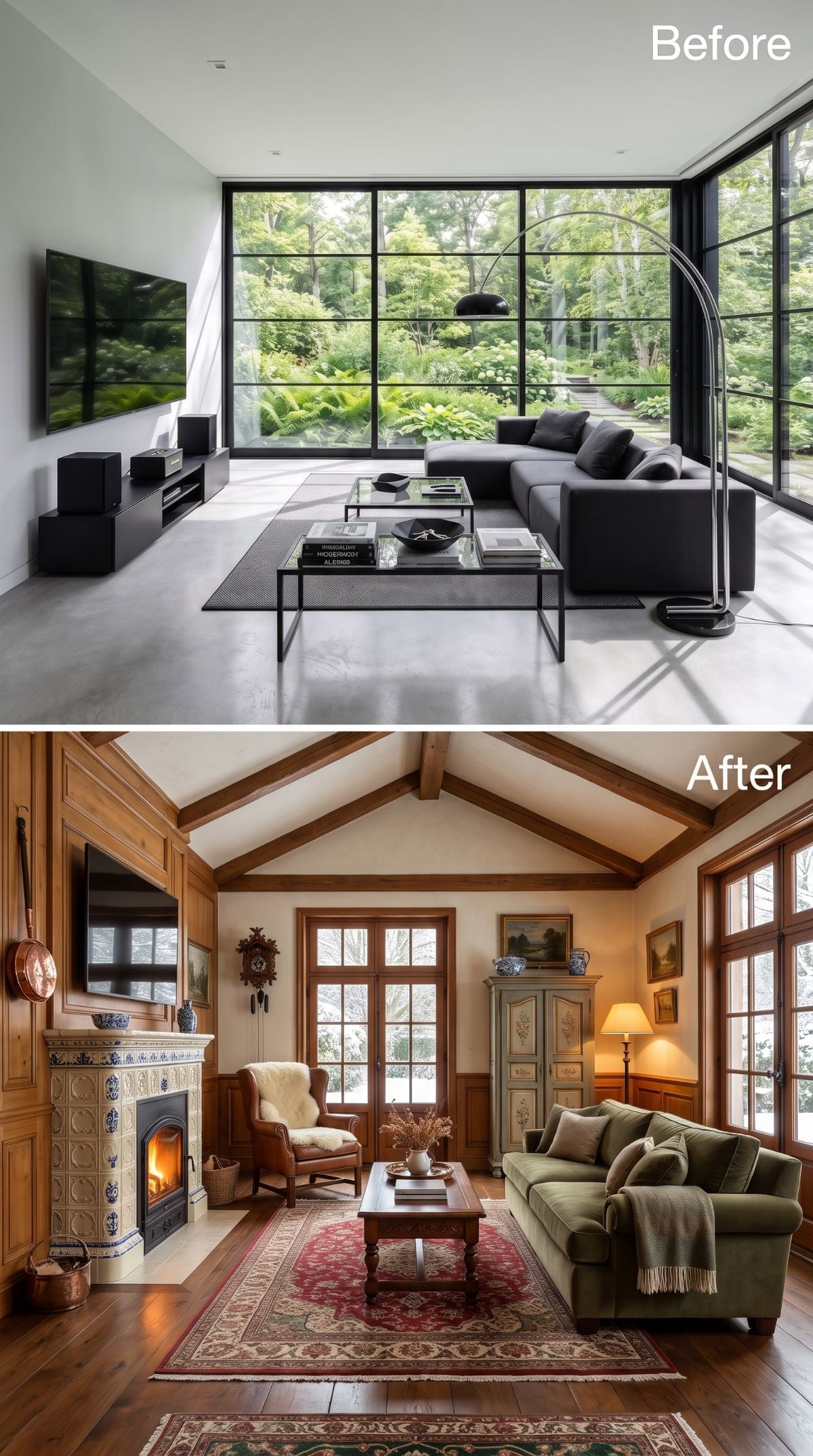 Tiled Fireplace, Vaulted Beams, and Olive Velvet Replaced Glass and Poured Concrete