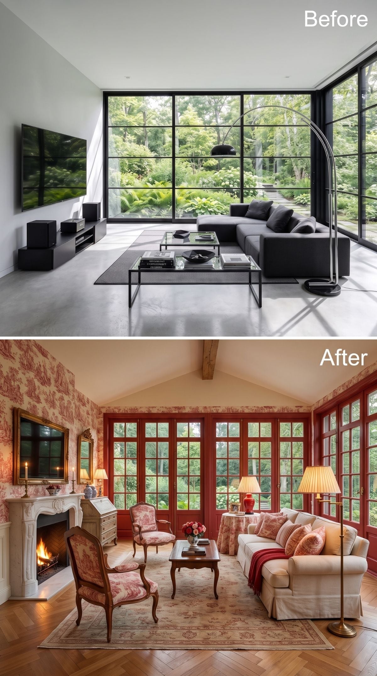 Toile Wallpaper and a Lit Fireplace Took Everything Cold Modern Had Built