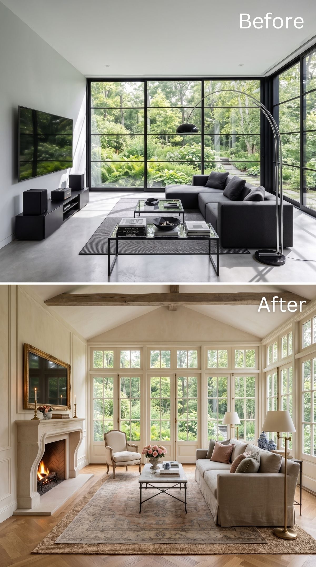 Vaulted Beams and a Stone Fireplace Replaced Black Steel and a Wall-Mounted Screen