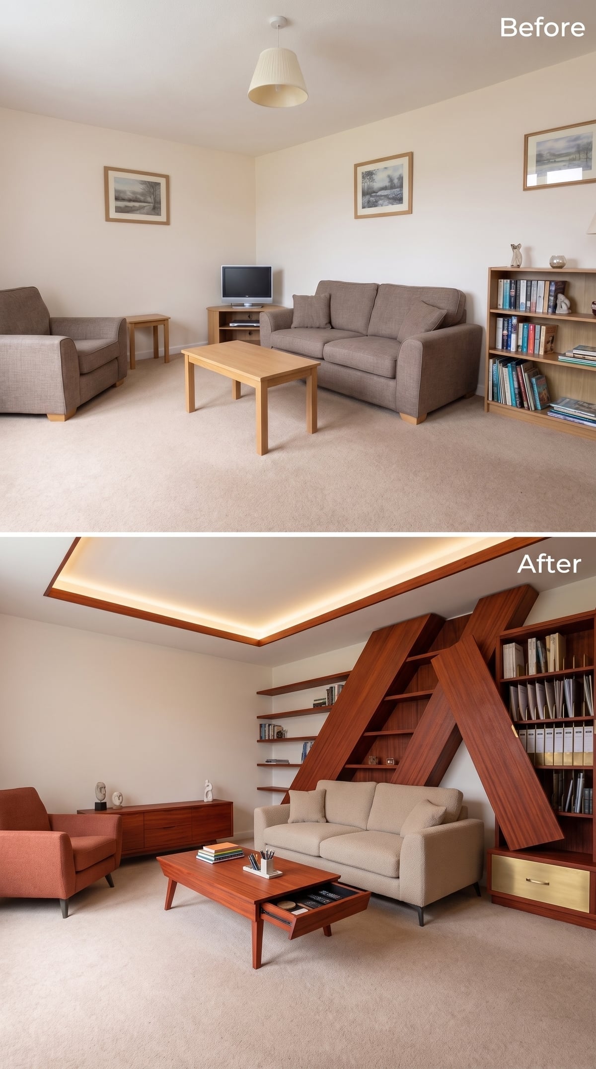 Walnut Diagonals, Cove Lighting, and a Built-In Library That Rewrites the Wall