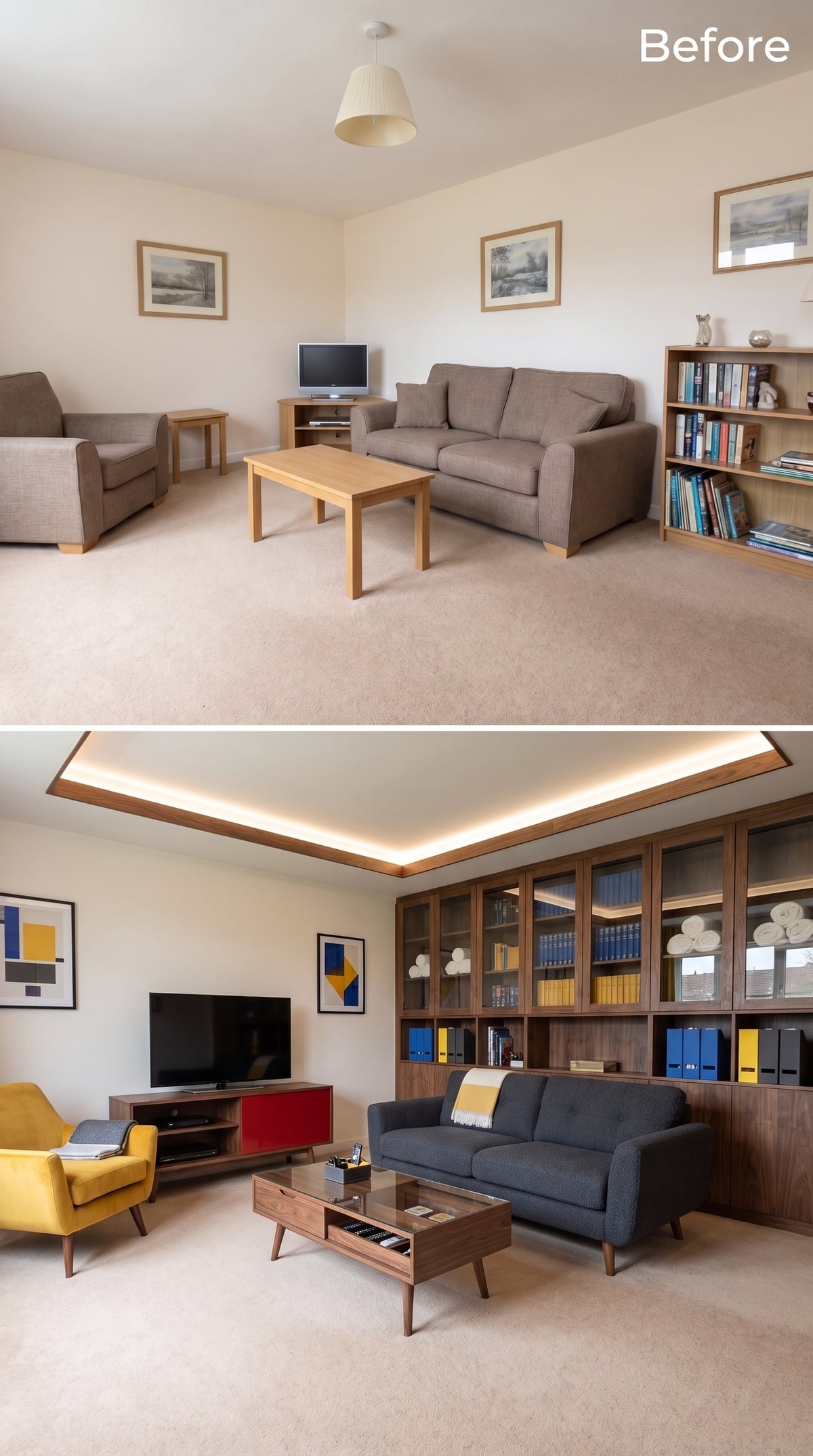 Walnut Wall Units, Cove-Lit Ceiling Trim, and a Yellow Chair That Anchors Everything