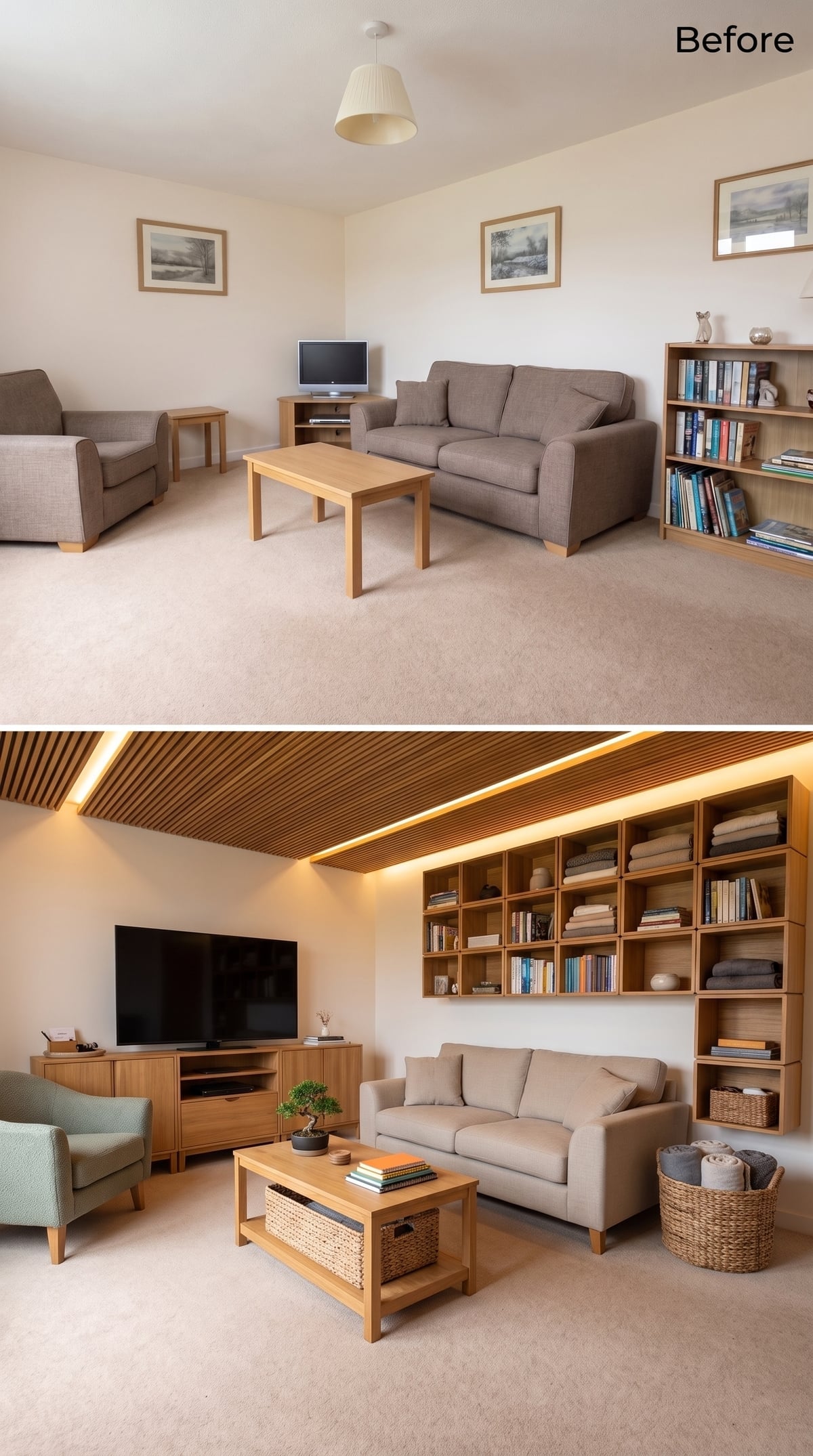 Warm Oak Slat Ceiling and Wall-Length Shelving Redefine Storage as Decor