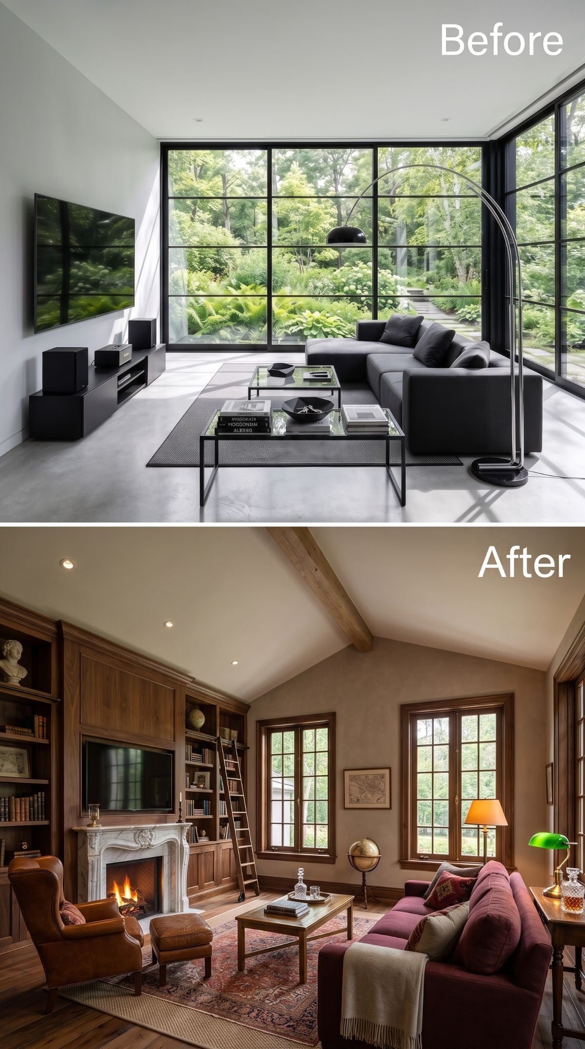 Warm Walnut Paneling and a Marble Fireplace Replaced Glass Walls and Poured Concrete