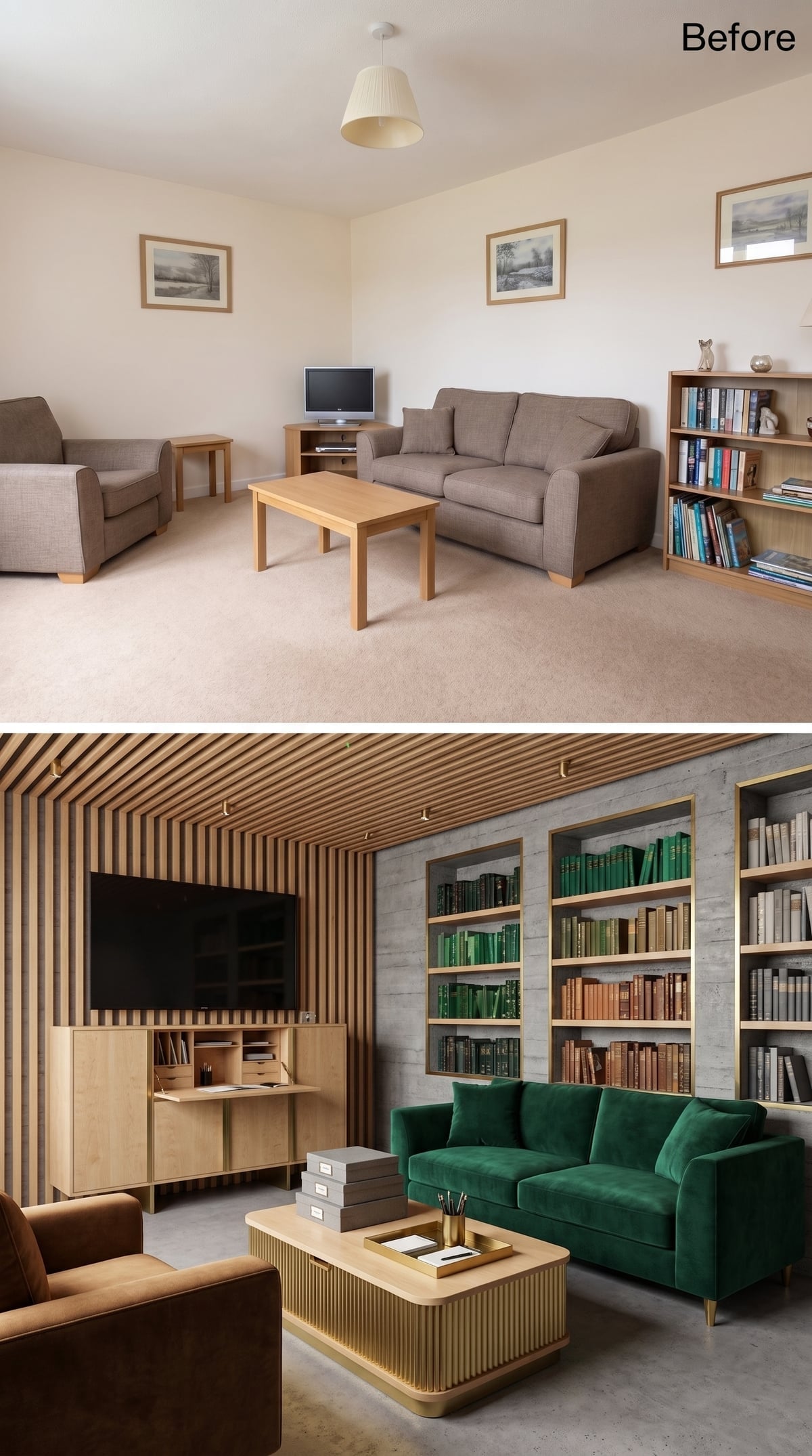 Wood Slat Walls, Velvet, and Floor-to-Ceiling Books Make a Serious Statement