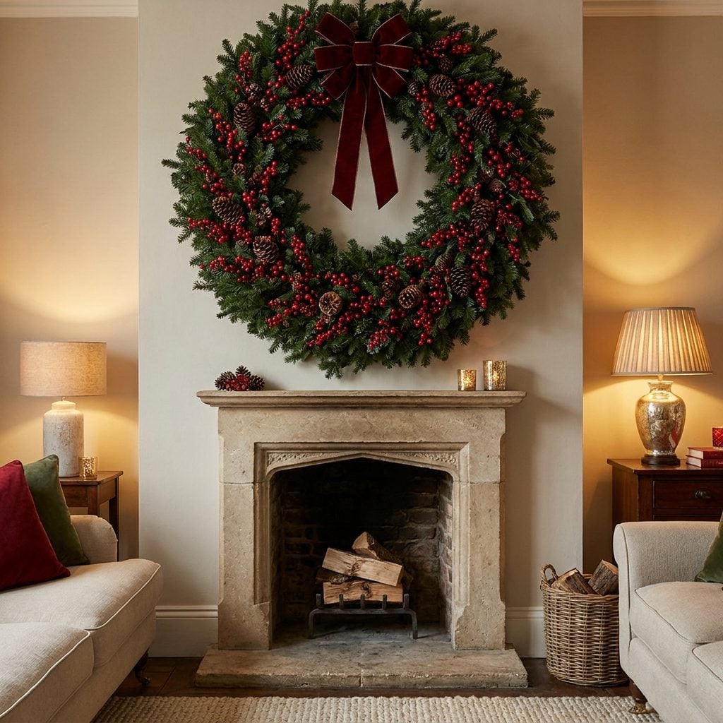 A Giant Wreath Overpowering a Small Fireplace