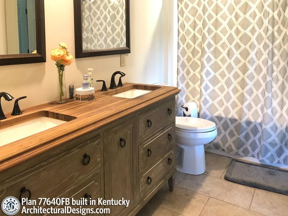 Butcher Block Countertop on a Double Vanity That Earns Its Farmhouse Credentials