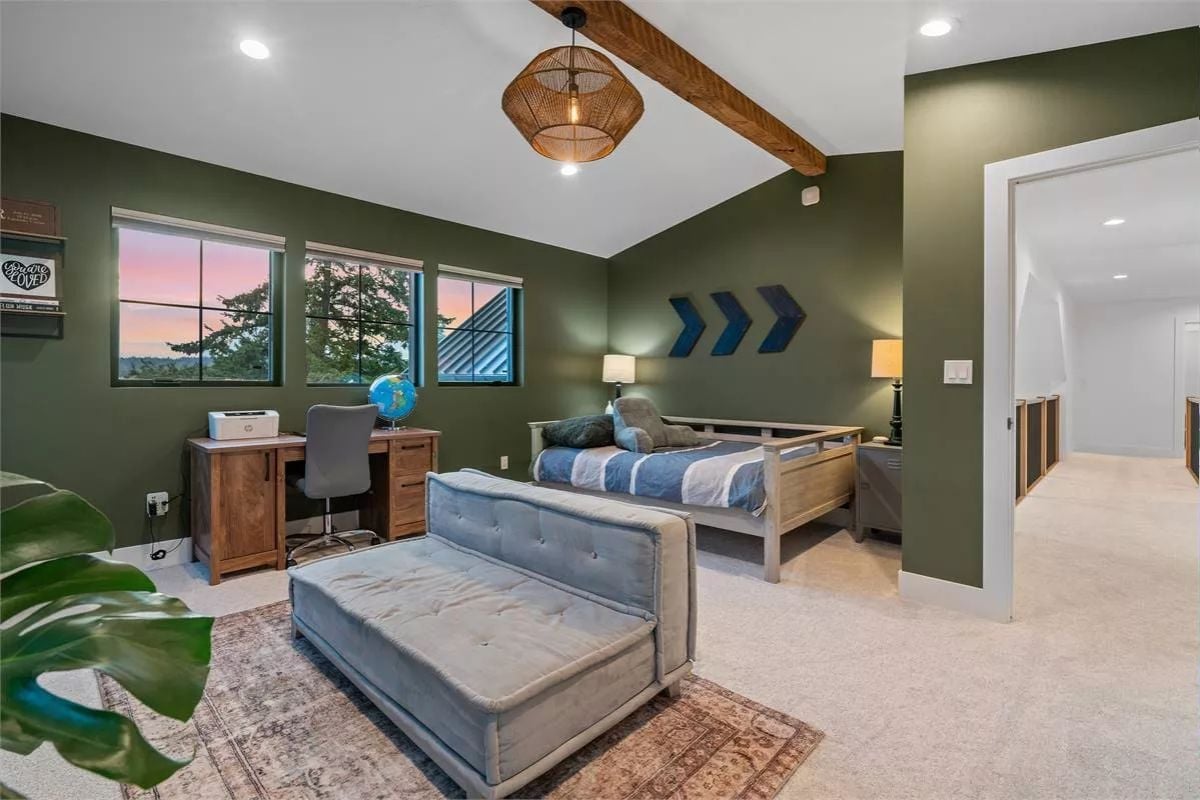 Olive Walls, Exposed Beams, and Arrow Decor That Actually Suit a Kid's Room