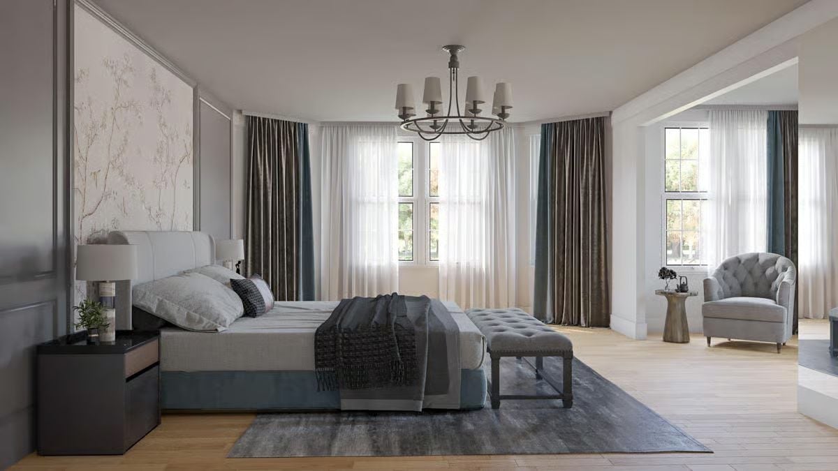 Velvet Curtains, Gray Linen, and a Bedroom That Earns Its Quiet