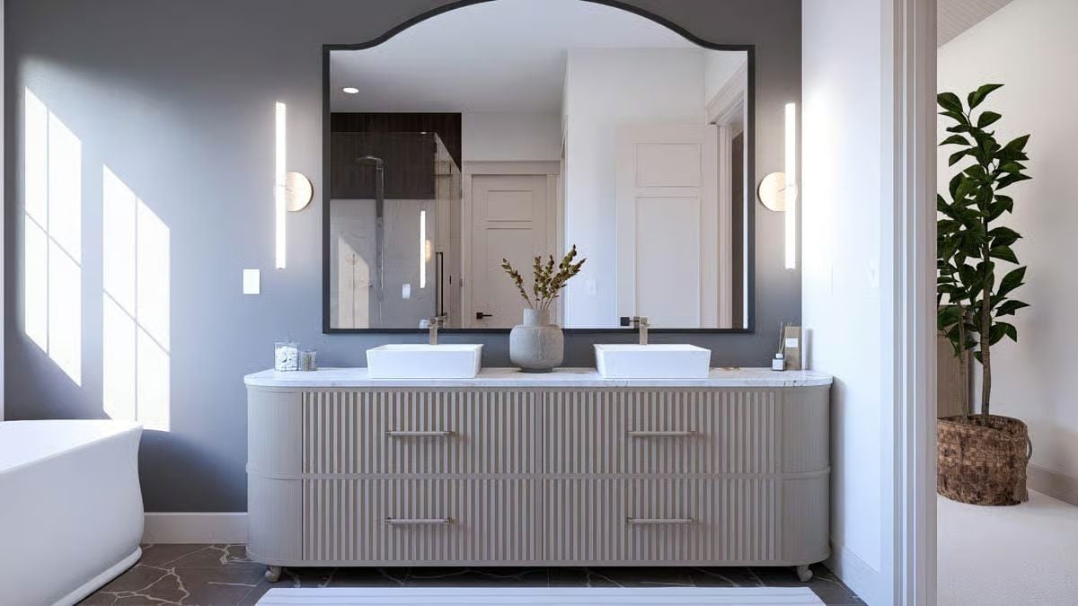 Fluted Vanity, Vessel Sinks, and a Mirror That Commands the Whole Wall