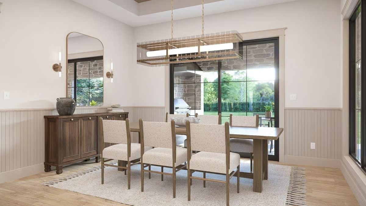 Gold Hardware, Woven Chairs, and a Chandelier That Earns Its Square Footage