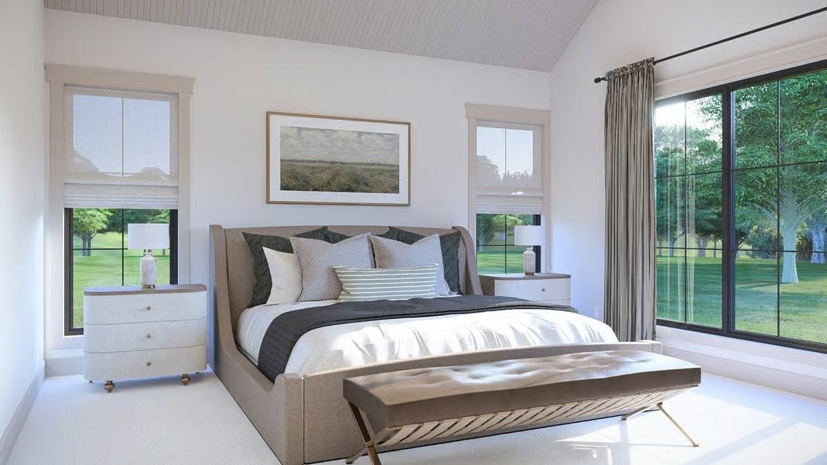 Vaulted Ceiling, Garden Views, and a Bench That Grounds the Whole Room