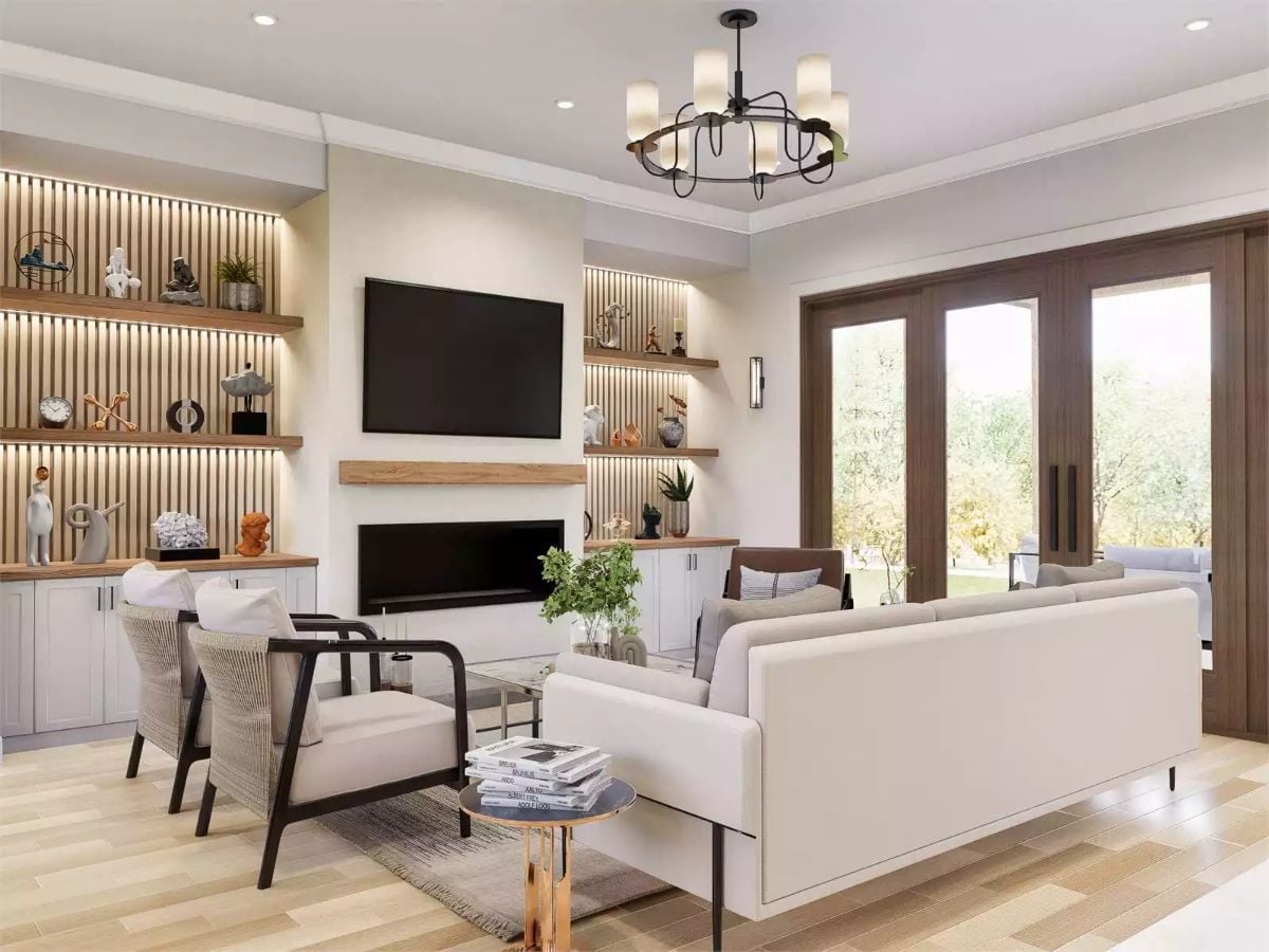 Backlit Shelves and a Fireplace Wall That Pull the Room Together