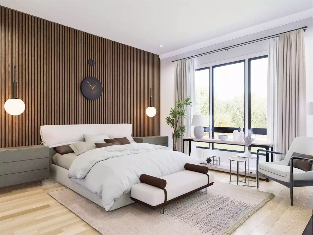 Slatted Oak Headboard Wall With Globe Pendants That Know Their Place