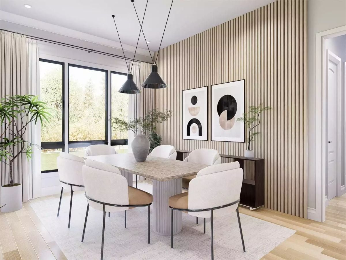 Slatted Wood Wall and Black Pendants That Don't Fight Each Other