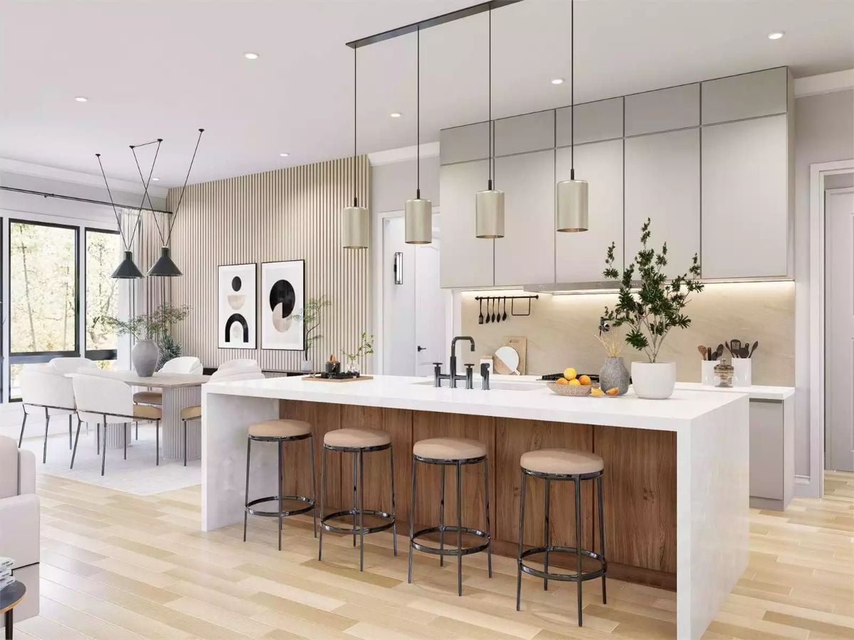 Warm Wood Base, White Quartz Top, and Four Stools That Invite a Long Breakfast