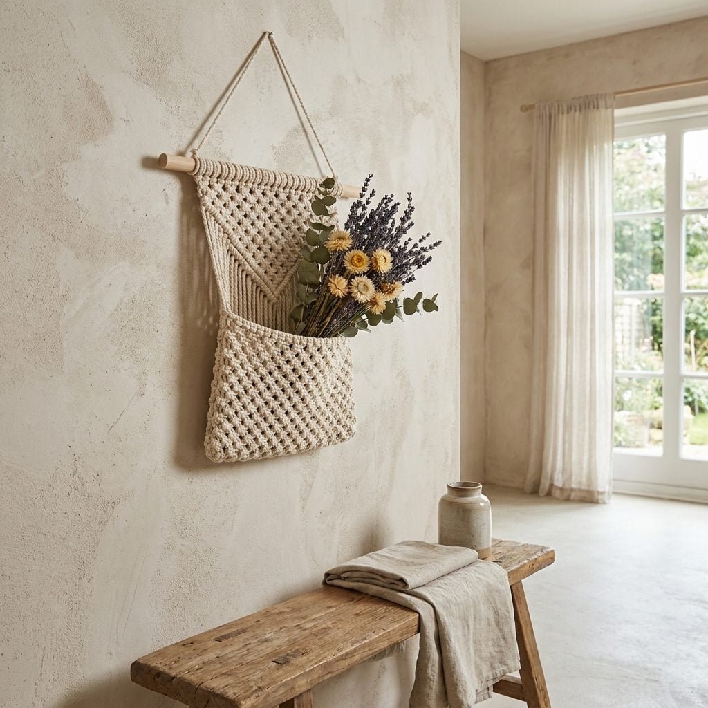Hand-knotted wall pocket filled with dried flowers