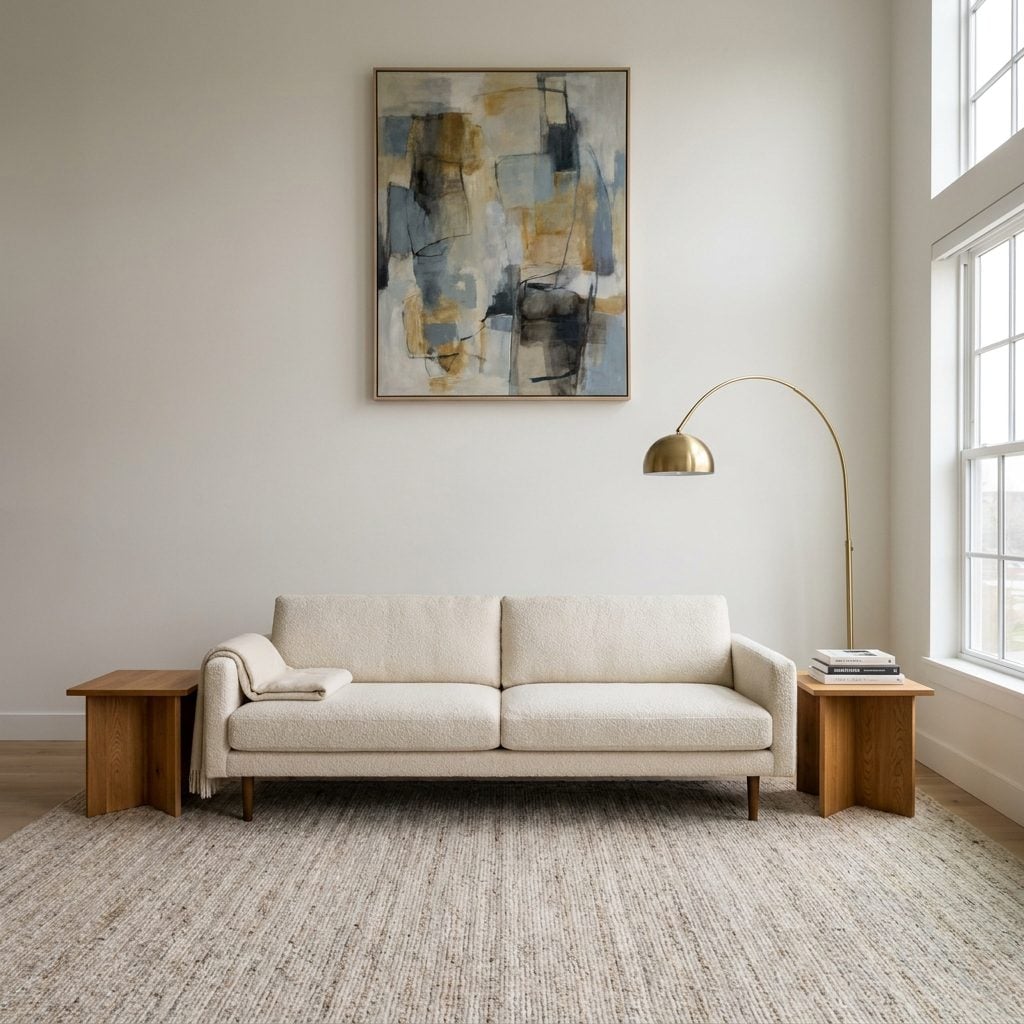 Contemporary living room where a large framed artwork hangs high near the ceiling with a wide gap above a low sofa.