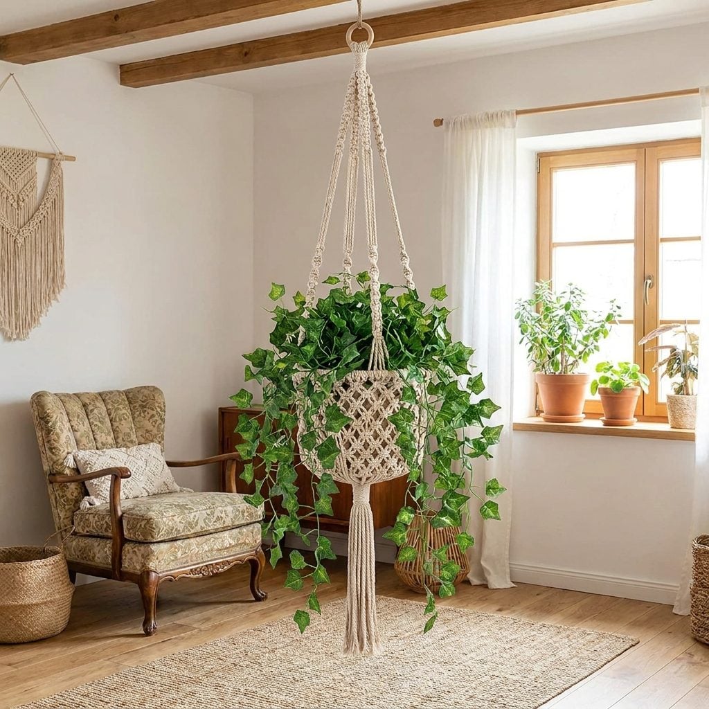 Macramé hanging basket filled with artificial ivy